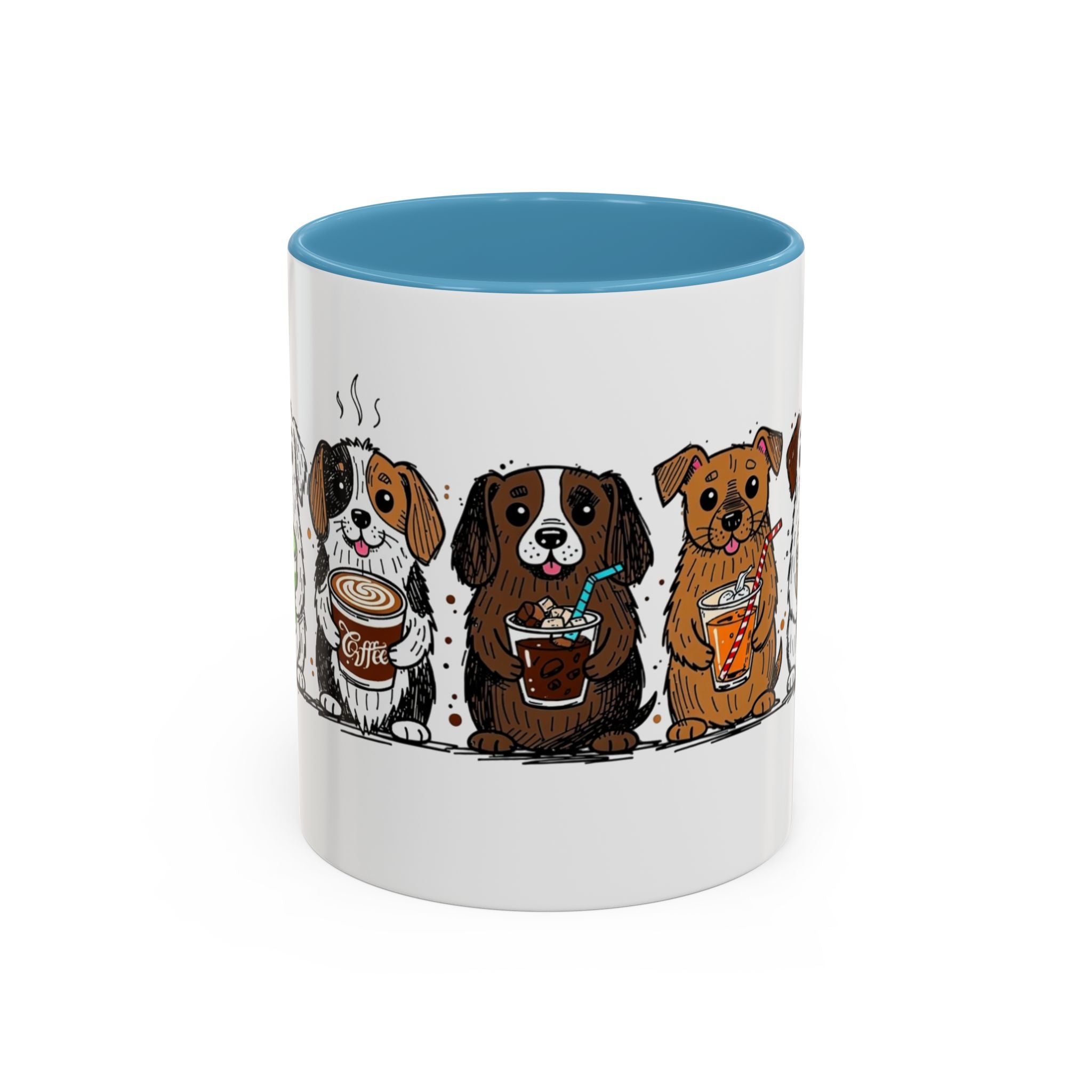 Cute Dogs Coffee Mug — Cartoon Puppies Holding Lattes (11/15oz Accent Mug)