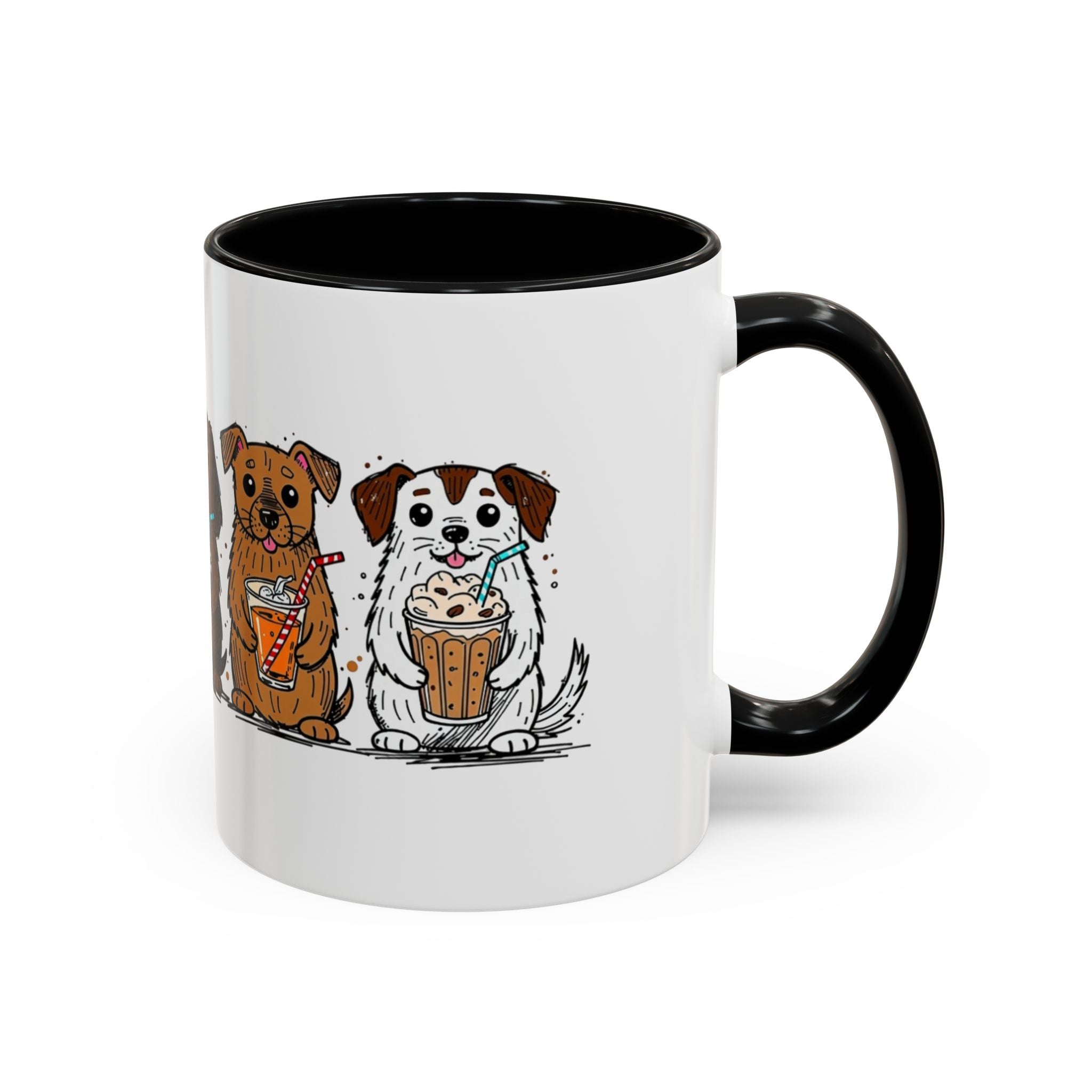 Cute Dogs Coffee Mug — Cartoon Puppies Holding Lattes (11/15oz Accent Mug)