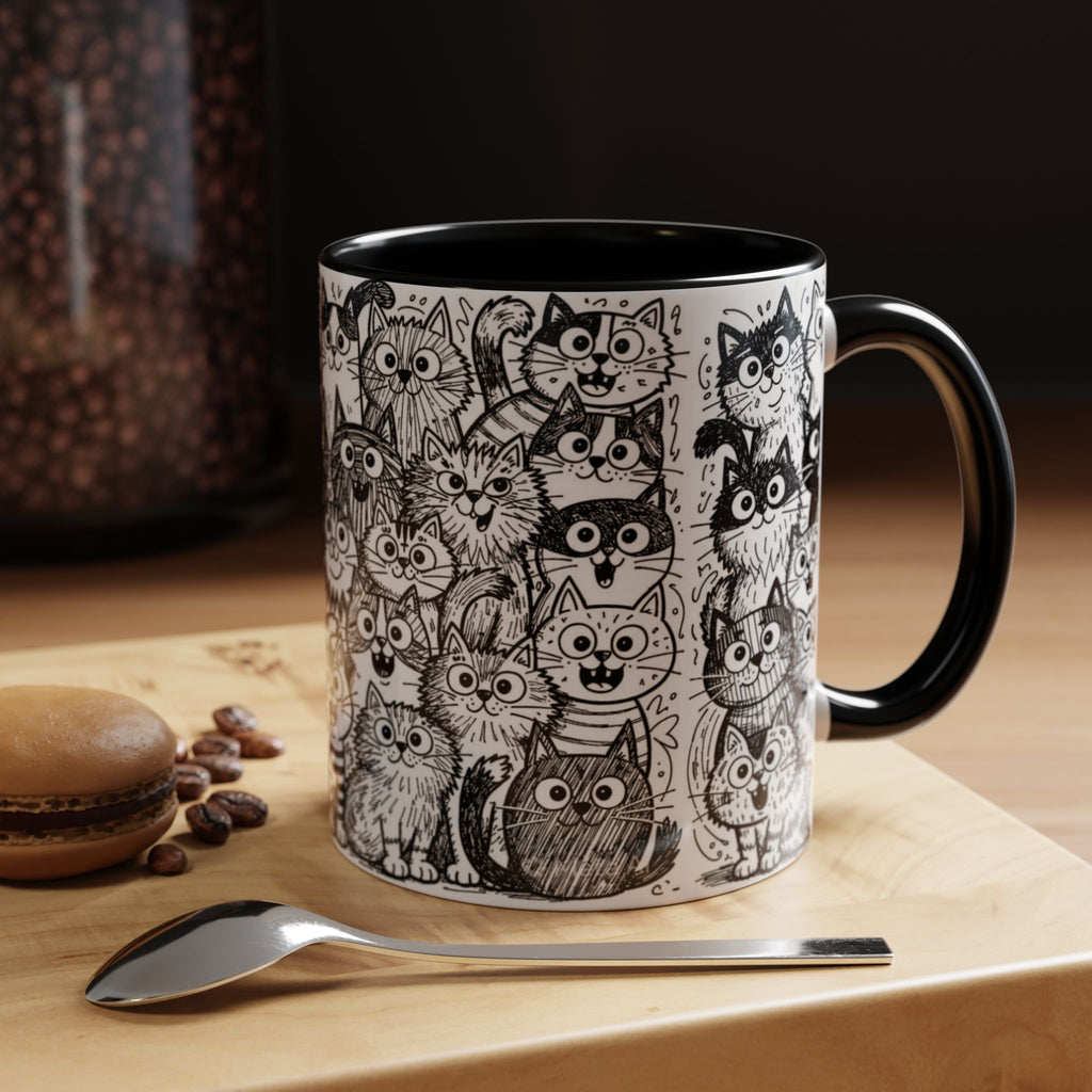 . Cat Doodle Accent Coffee Mug — Black & White Cute Cat Pattern (11/15 oz)