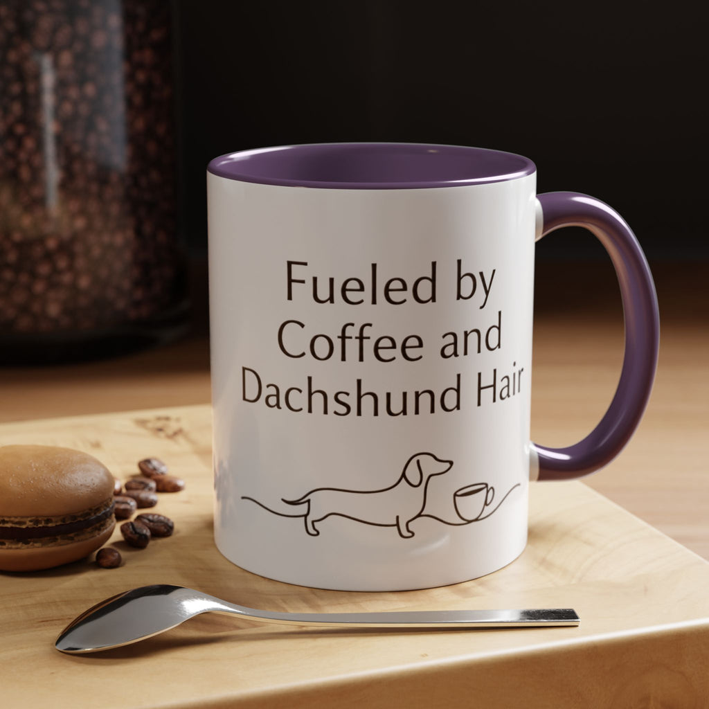 Dachshund Coffee Mug — “Fueled by Coffee and Dachshund Hair” Accent Ceramic Mug