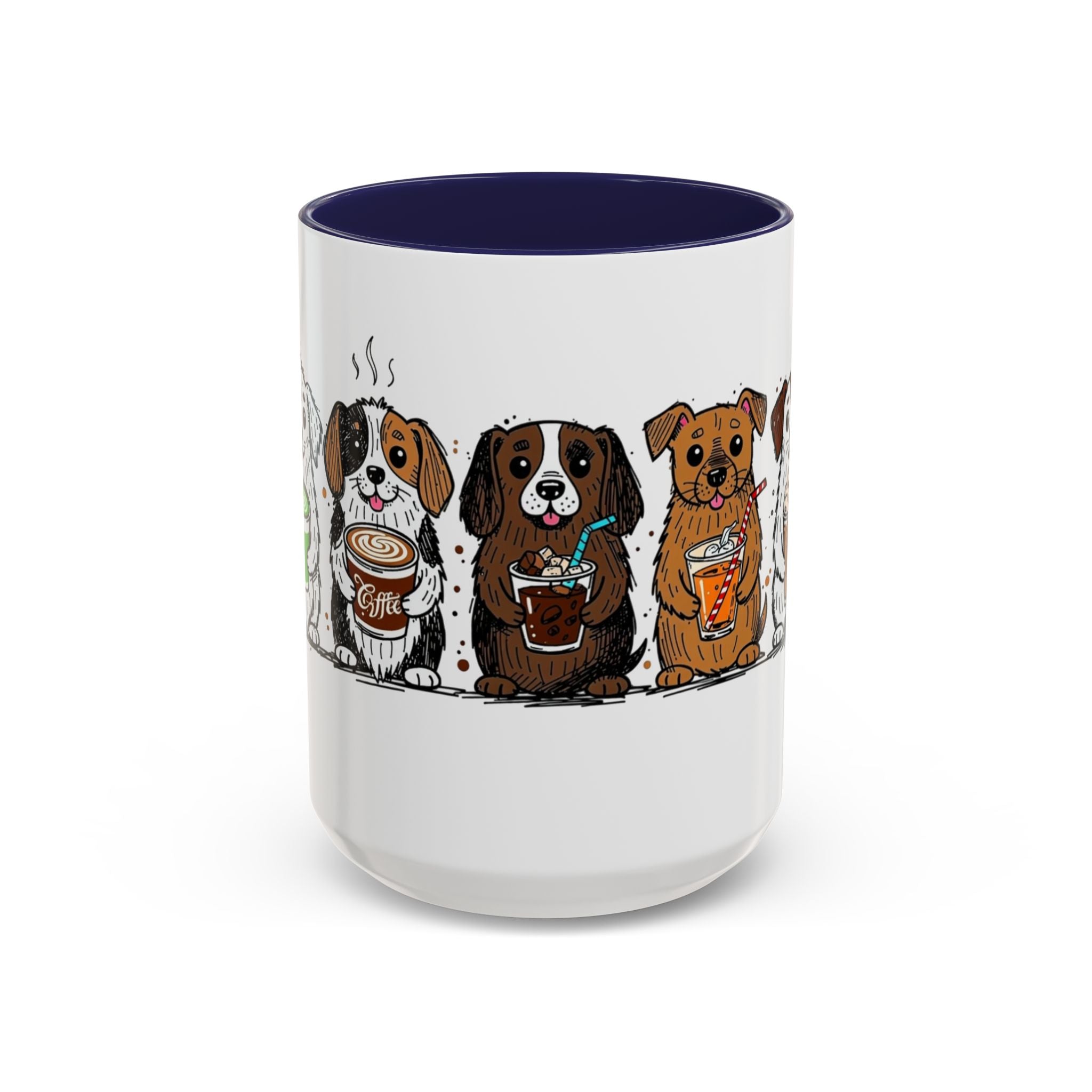 Cute Dogs Coffee Mug — Cartoon Puppies Holding Lattes (11/15oz Accent Mug)