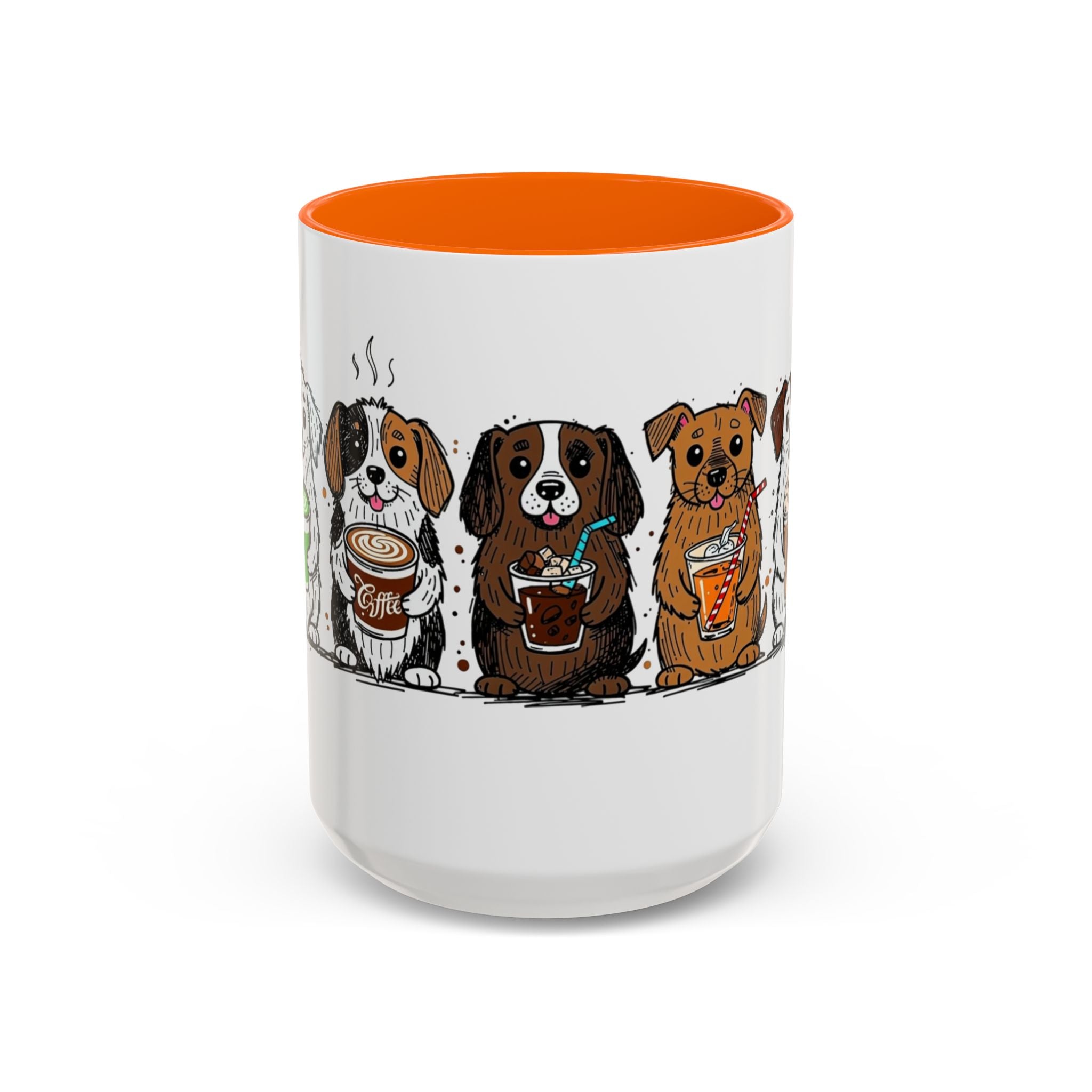 Cute Dogs Coffee Mug — Cartoon Puppies Holding Lattes (11/15oz Accent Mug)