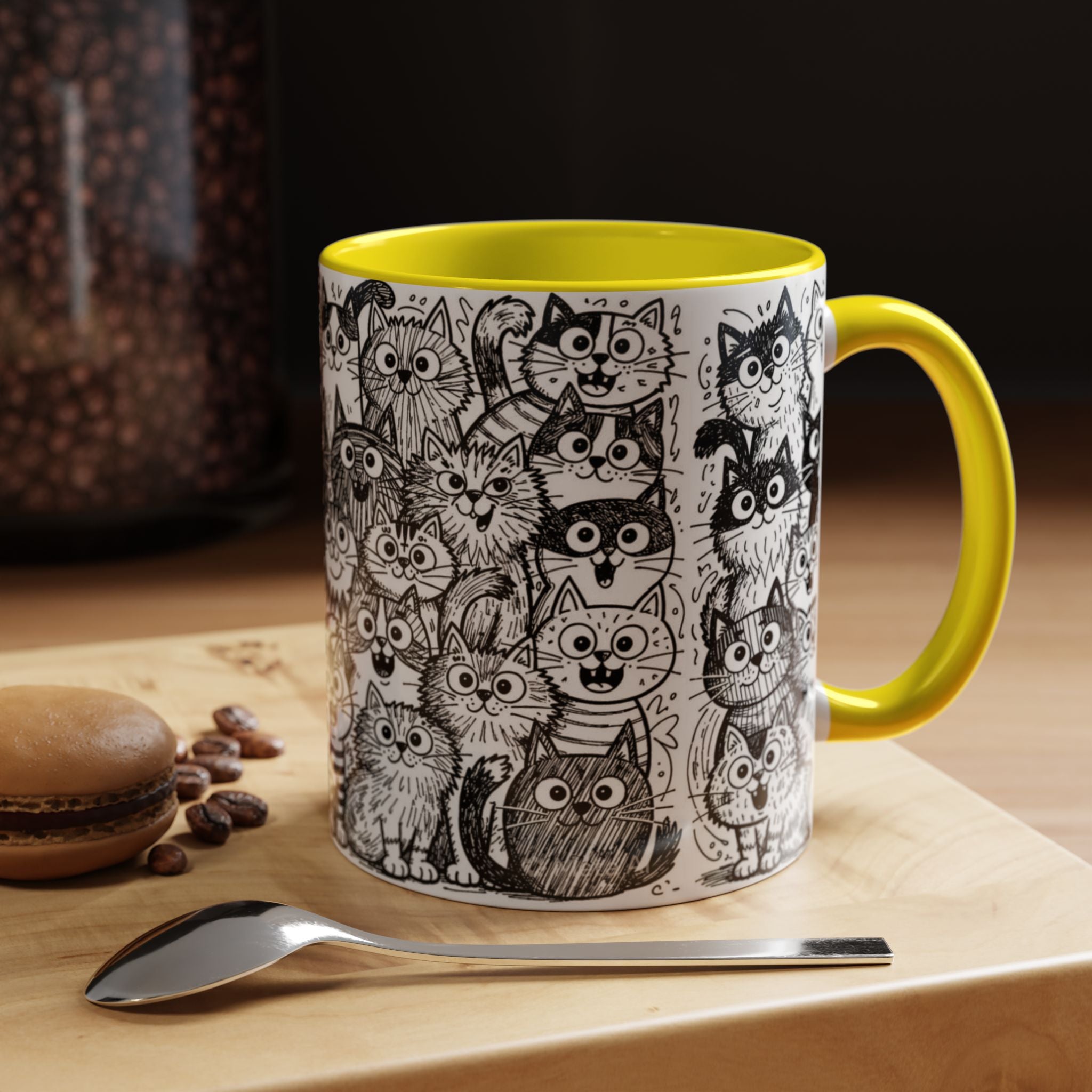 . Cat Doodle Accent Coffee Mug — Black & White Cute Cat Pattern (11/15 oz)