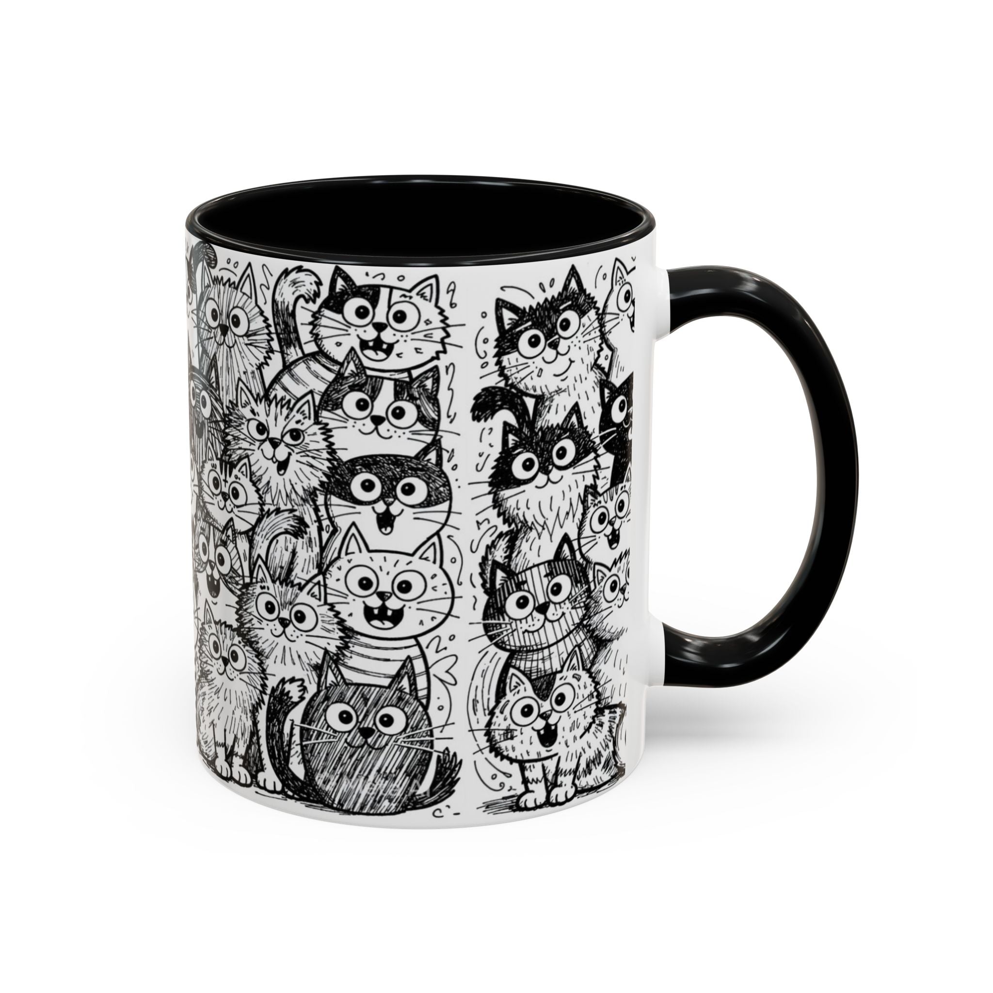 . Cat Doodle Accent Coffee Mug — Black & White Cute Cat Pattern (11/15 oz)