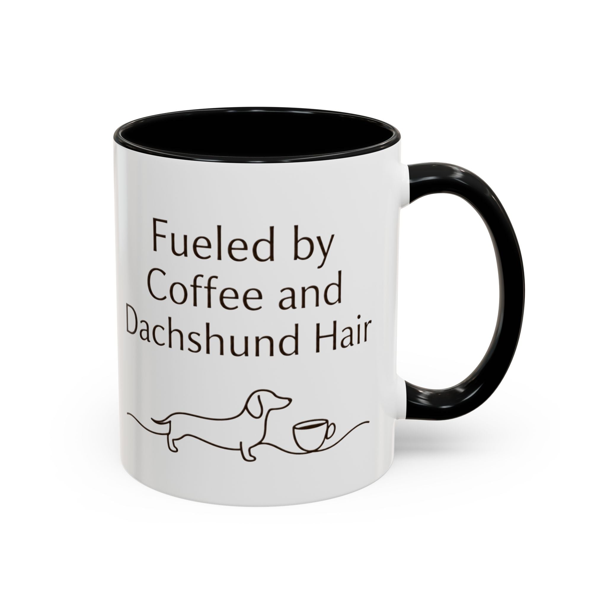 Dachshund Coffee Mug — “Fueled by Coffee and Dachshund Hair” Accent Ceramic Mug