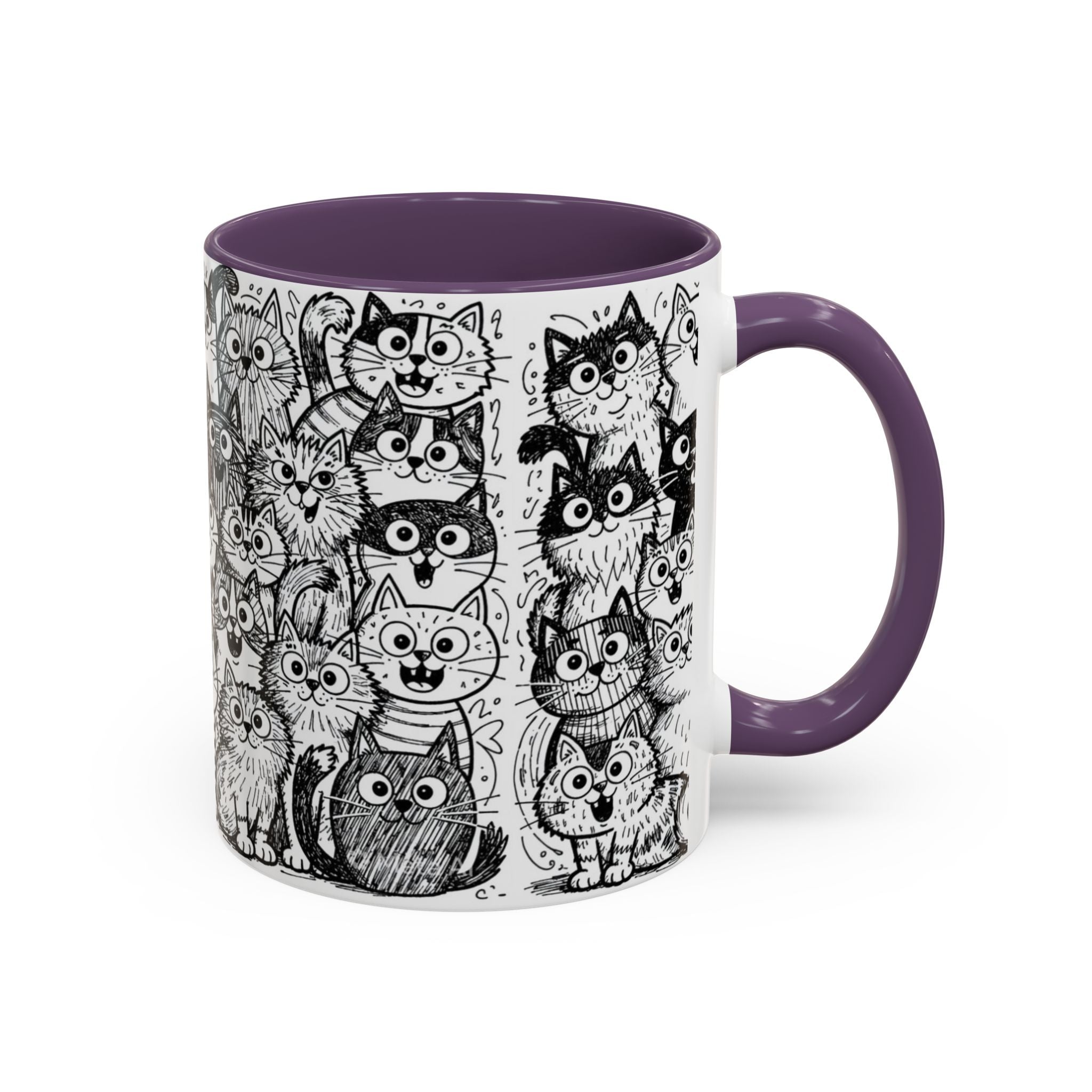 . Cat Doodle Accent Coffee Mug — Black & White Cute Cat Pattern (11/15 oz)