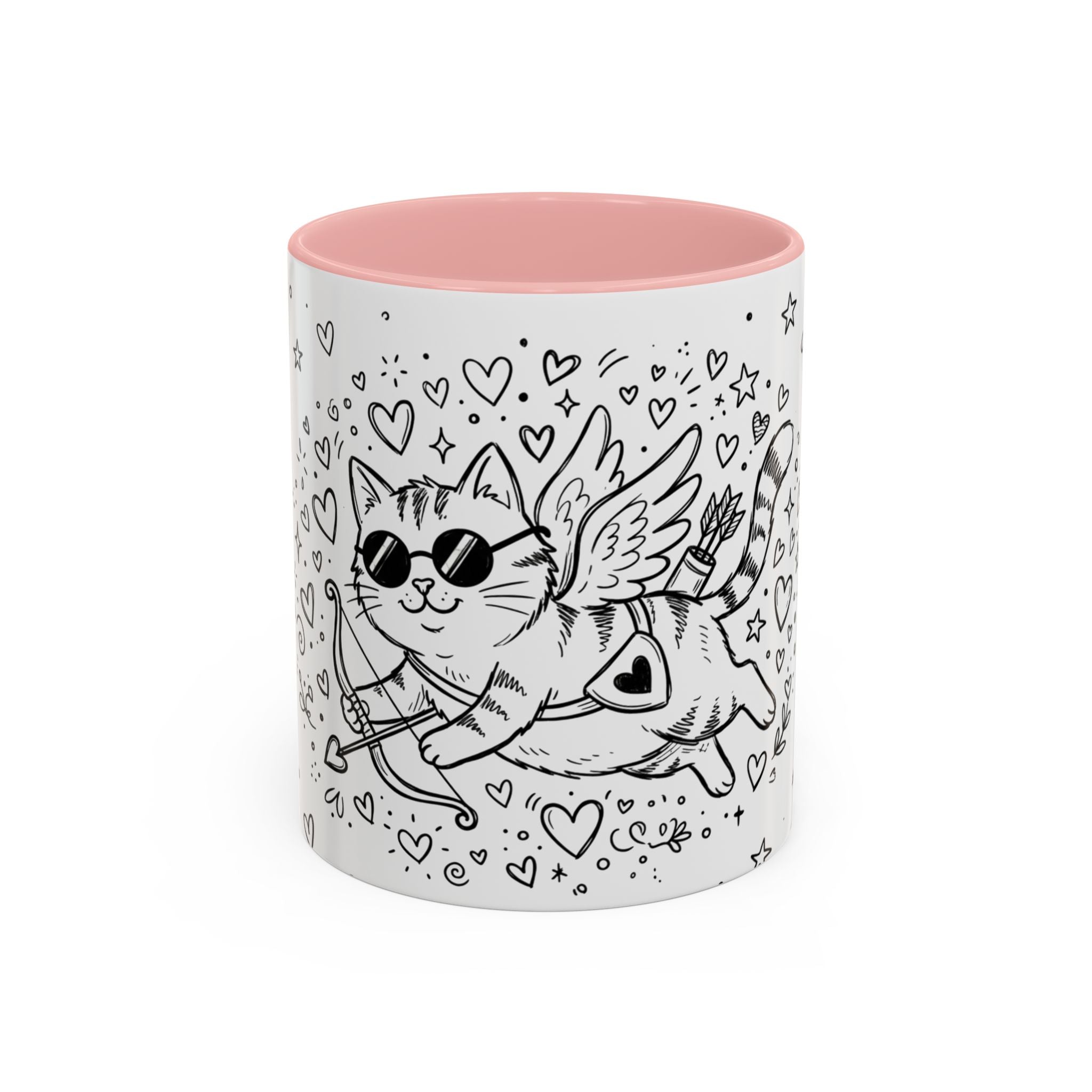 Winged Cupid Cat Coffee Mug — Cute Valentine Kitty Accent Mug (11/15 oz)