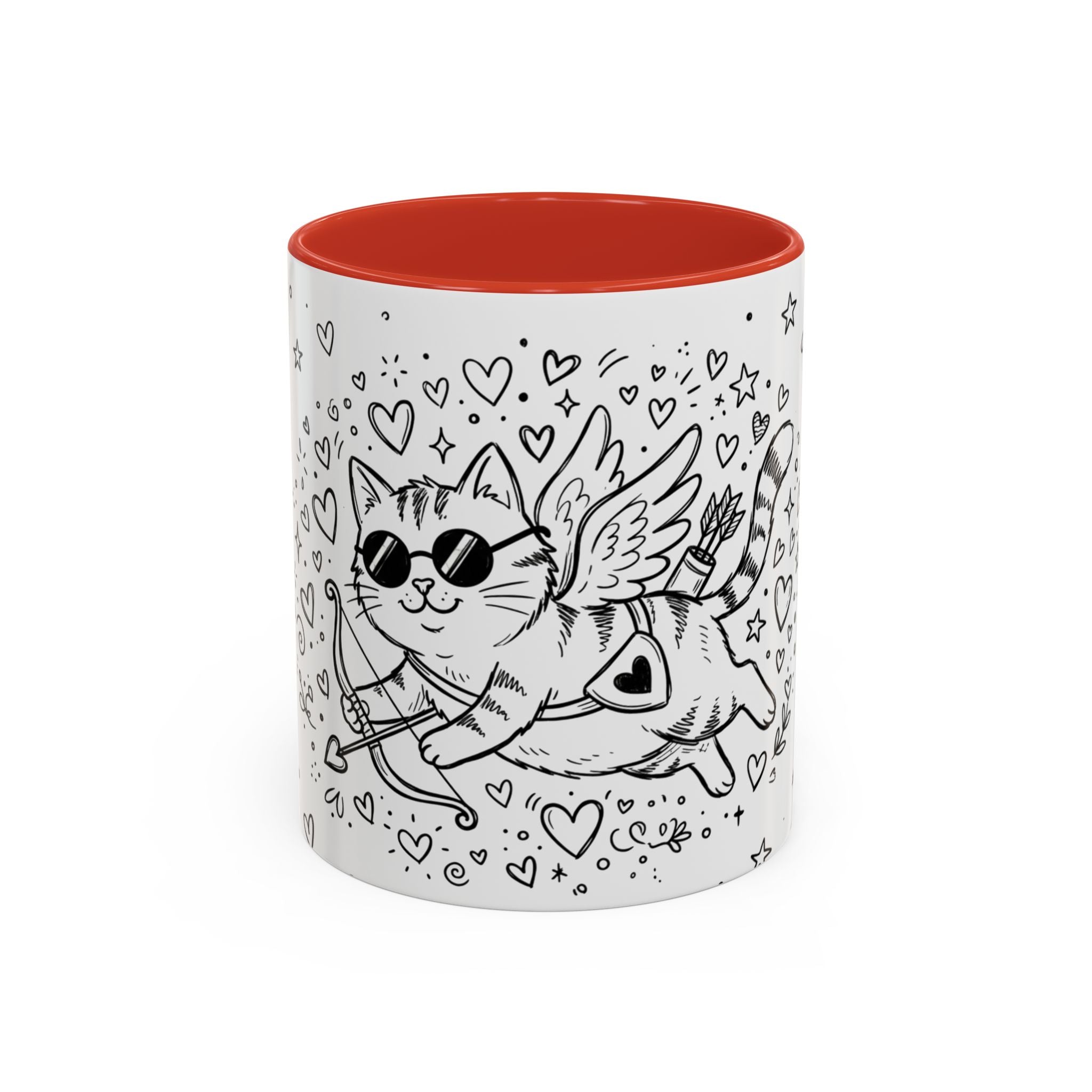 Winged Cupid Cat Coffee Mug — Cute Valentine Kitty Accent Mug (11/15 oz)