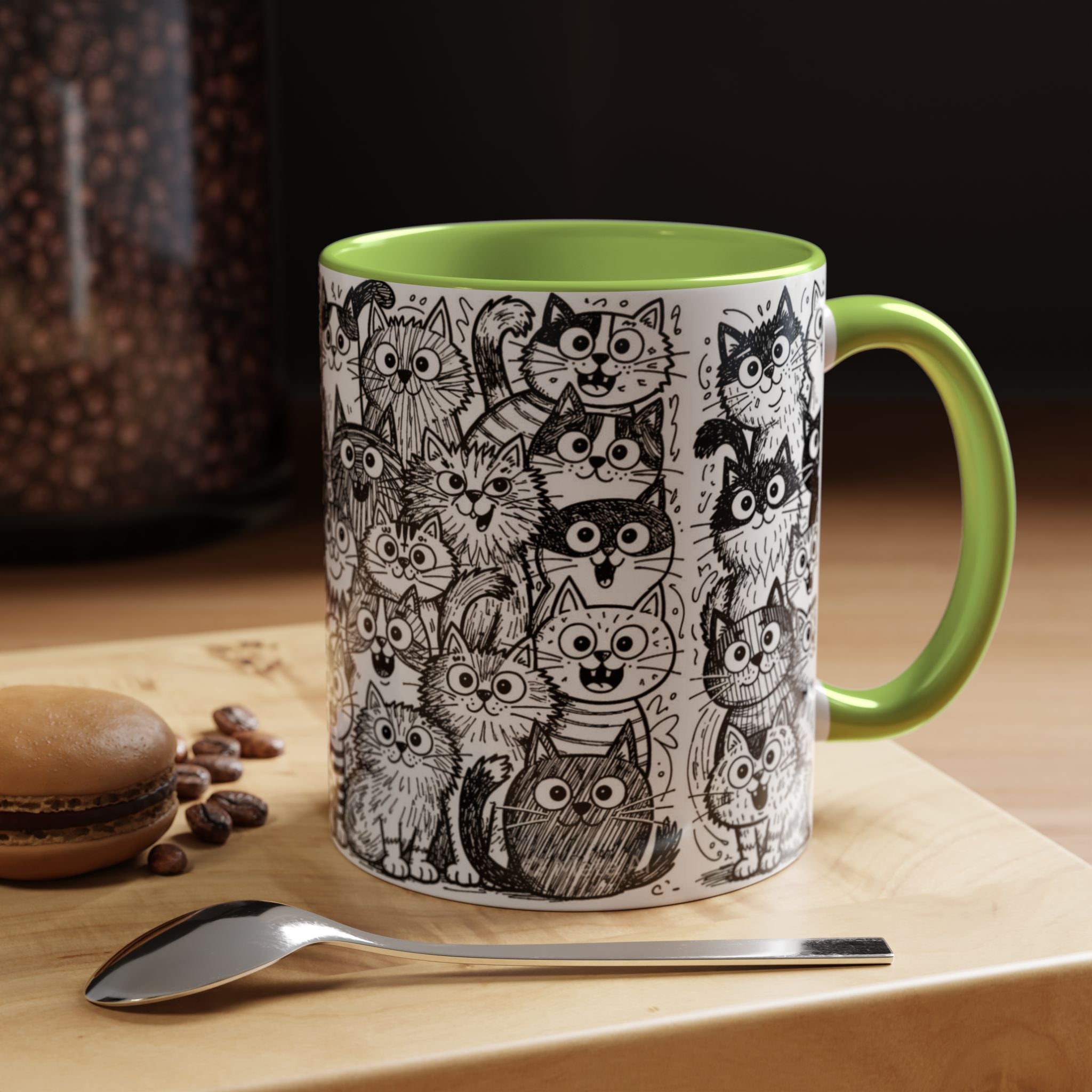 . Cat Doodle Accent Coffee Mug — Black & White Cute Cat Pattern (11/15 oz)