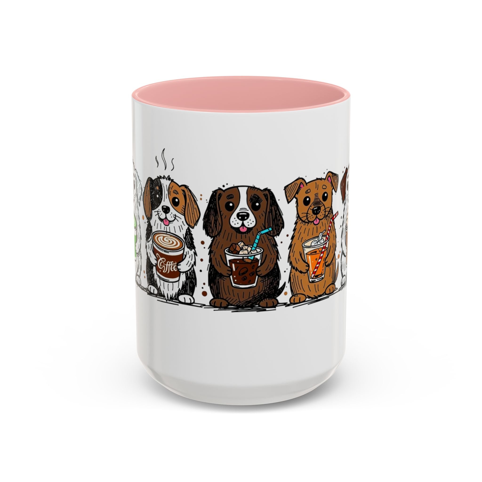 Cute Dogs Coffee Mug — Cartoon Puppies Holding Lattes (11/15oz Accent Mug)