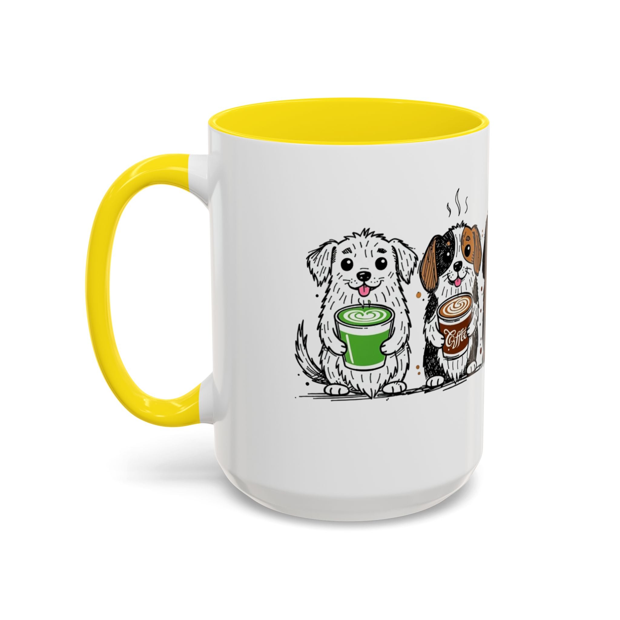 Cute Dogs Coffee Mug — Cartoon Puppies Holding Lattes (11/15oz Accent Mug)