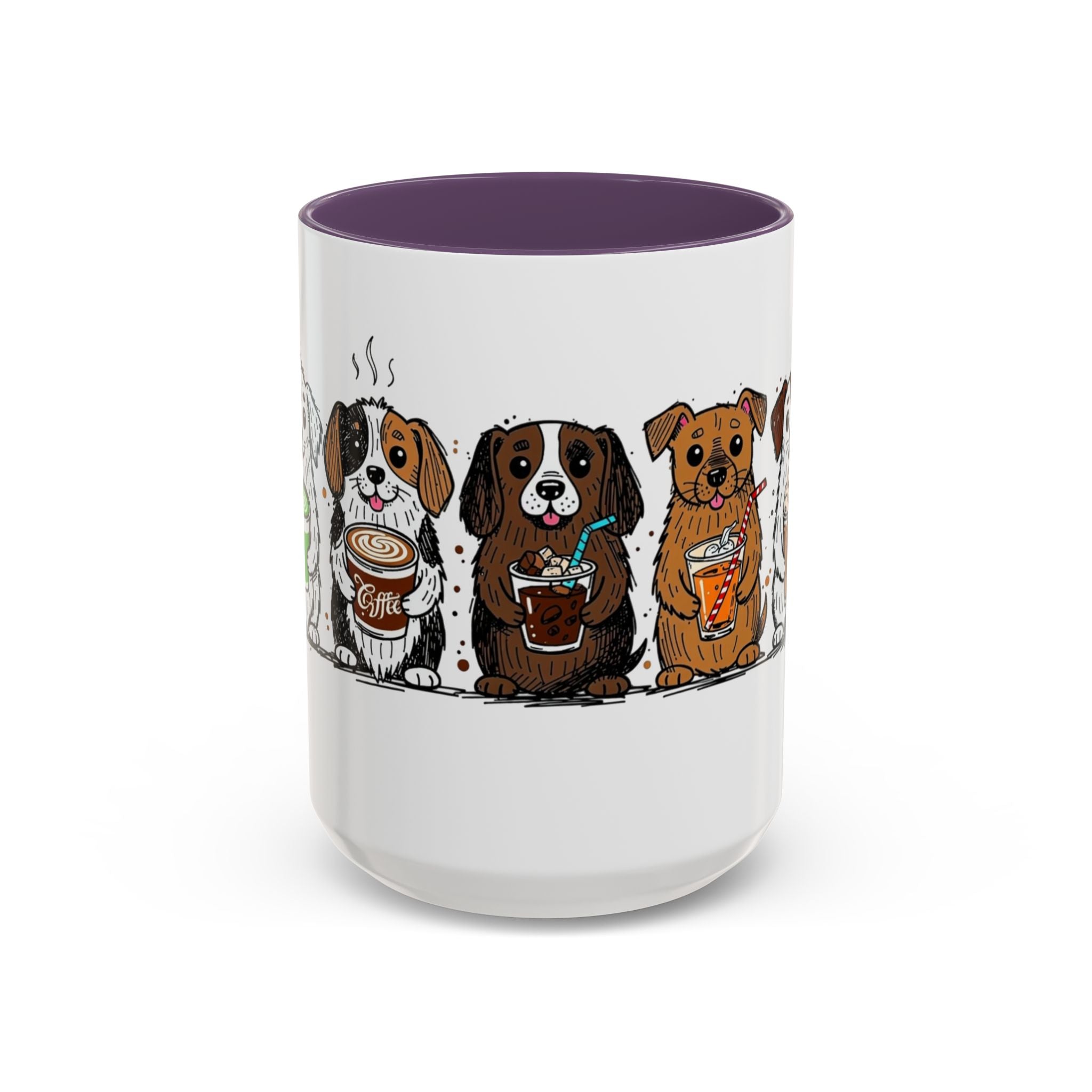 Cute Dogs Coffee Mug — Cartoon Puppies Holding Lattes (11/15oz Accent Mug)