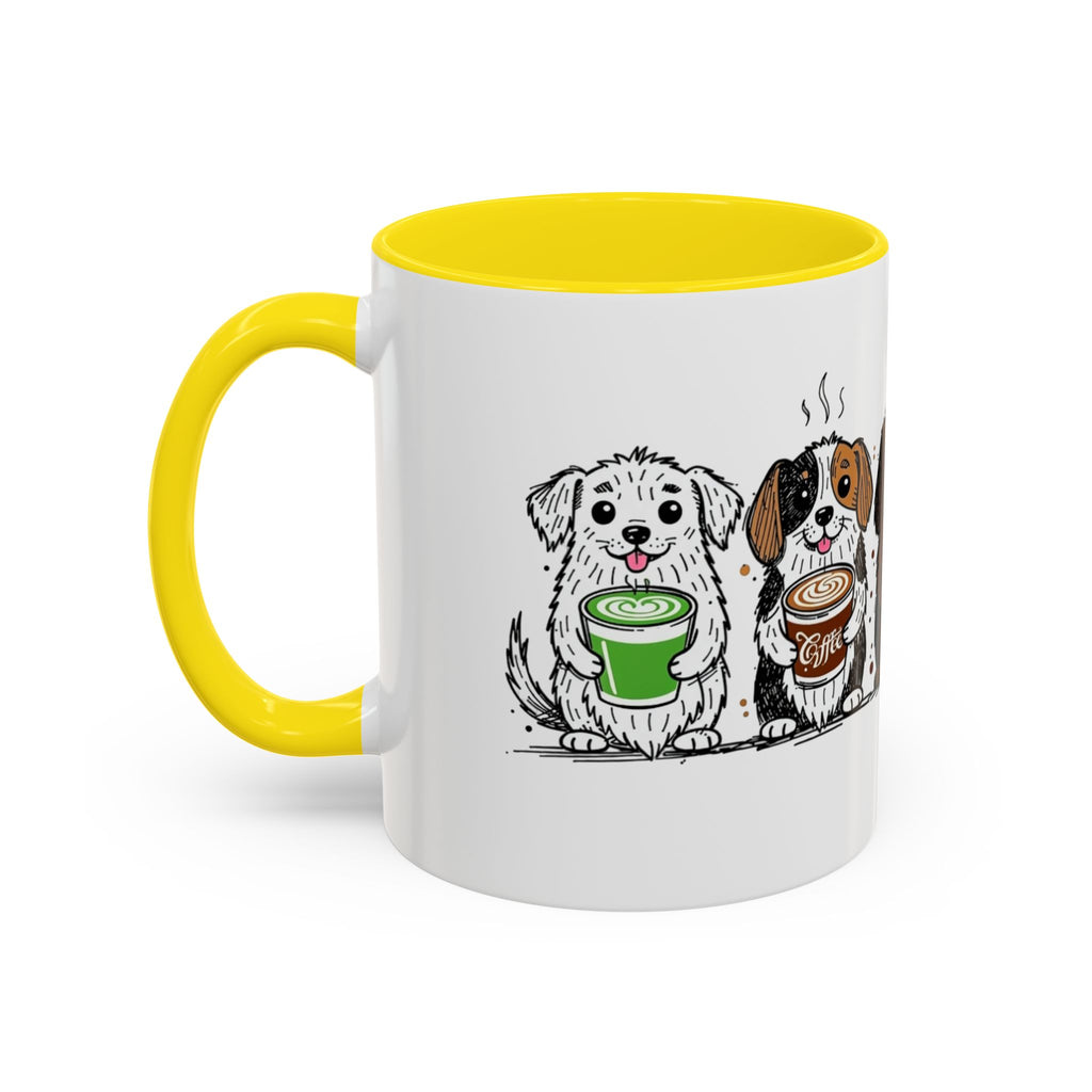 Cute Dogs Coffee Mug — Cartoon Puppies Holding Lattes (11/15oz Accent Mug)