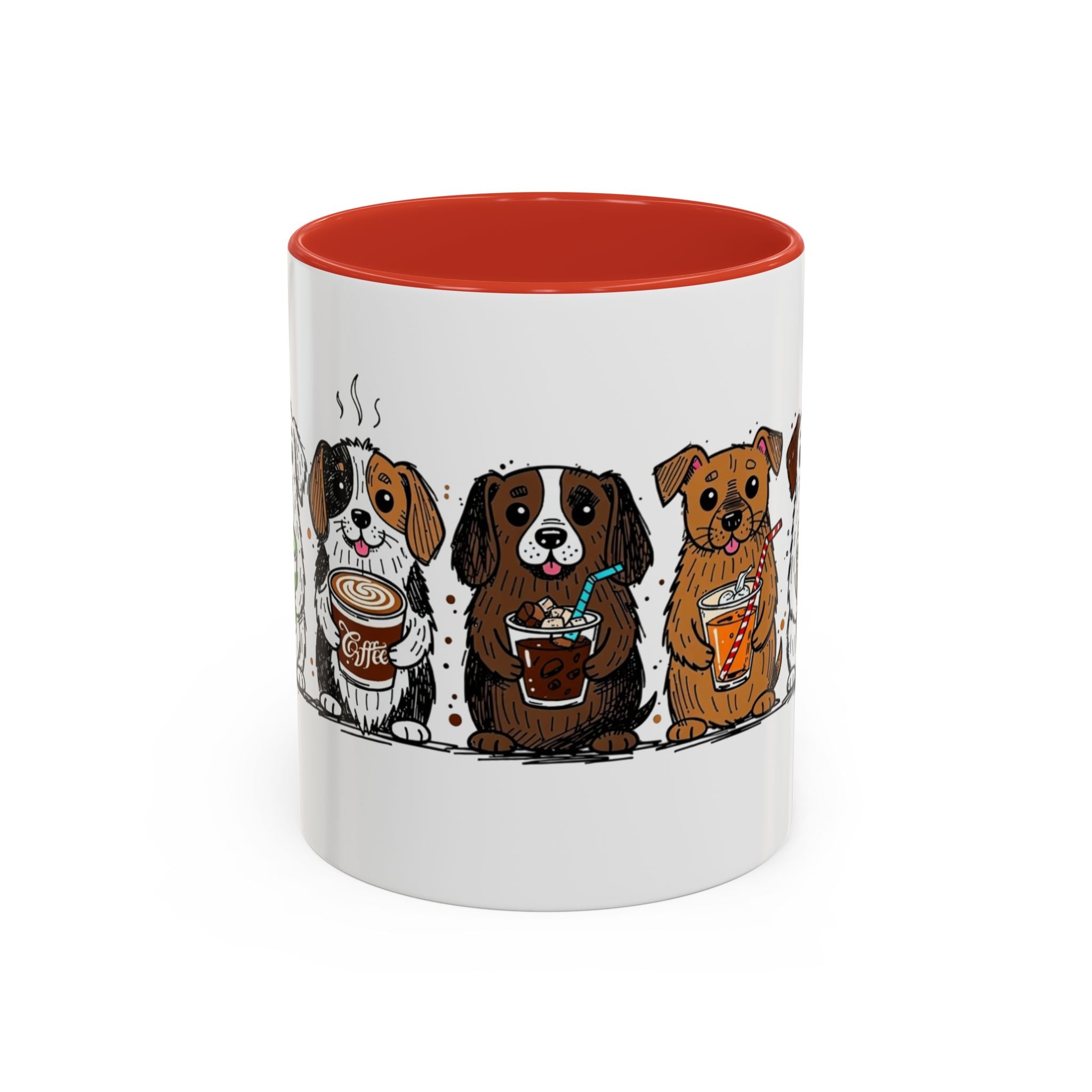 Cute Dogs Coffee Mug — Cartoon Puppies Holding Lattes (11/15oz Accent Mug)