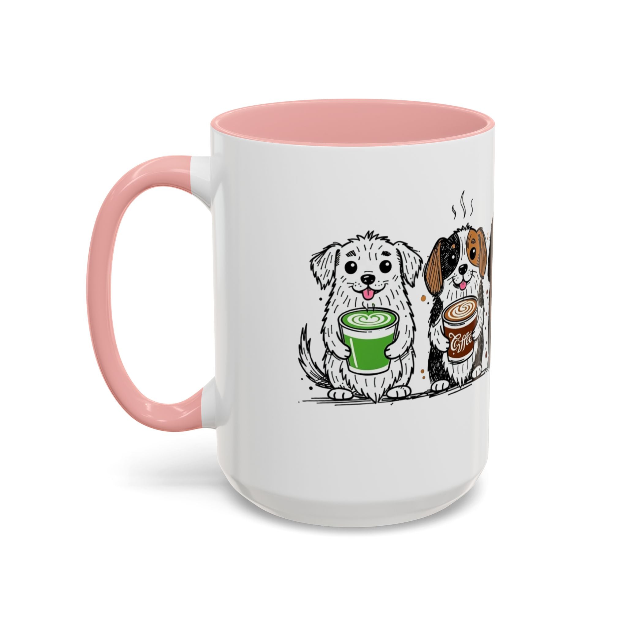 Cute Dogs Coffee Mug — Cartoon Puppies Holding Lattes (11/15oz Accent Mug)