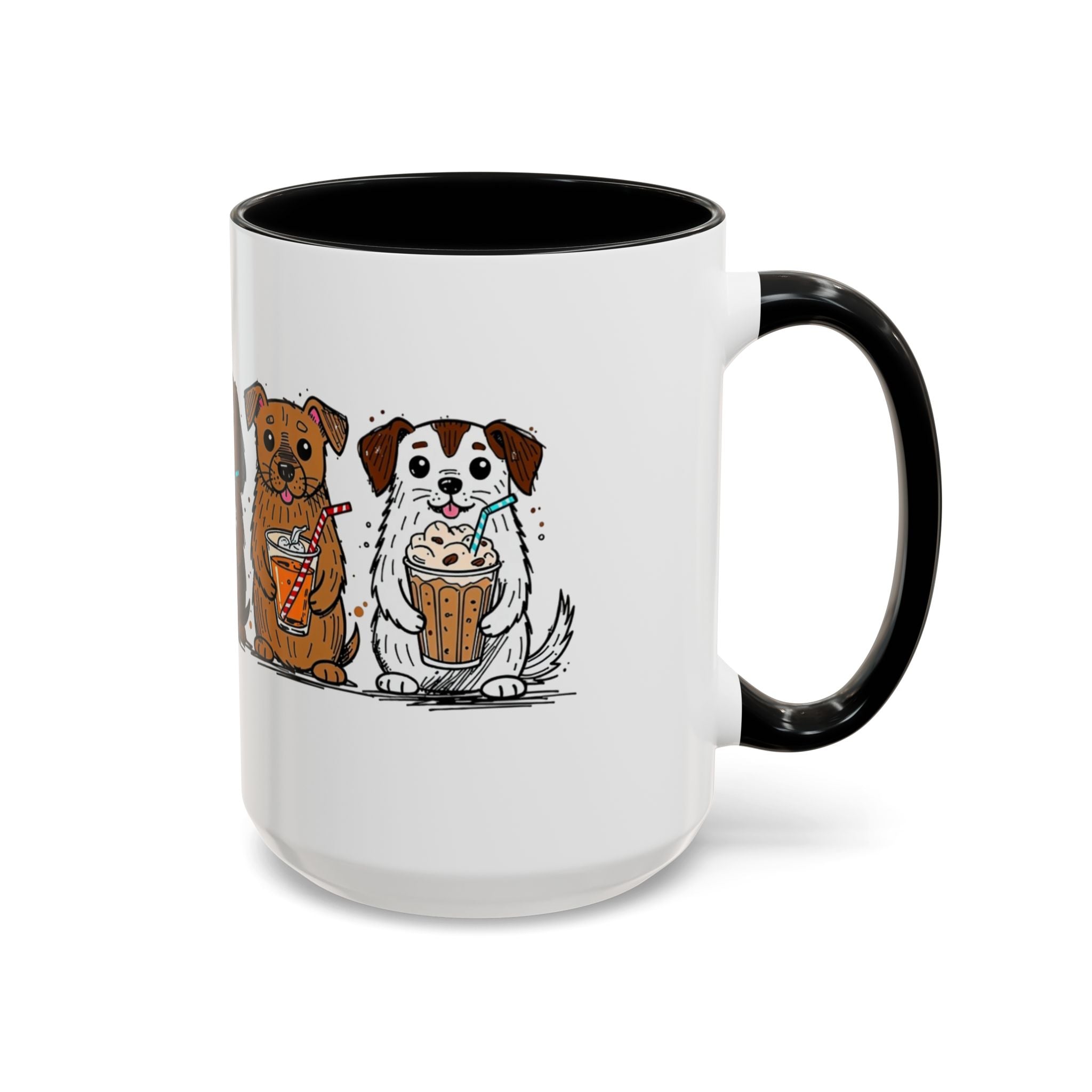 Cute Dogs Coffee Mug — Cartoon Puppies Holding Lattes (11/15oz Accent Mug)
