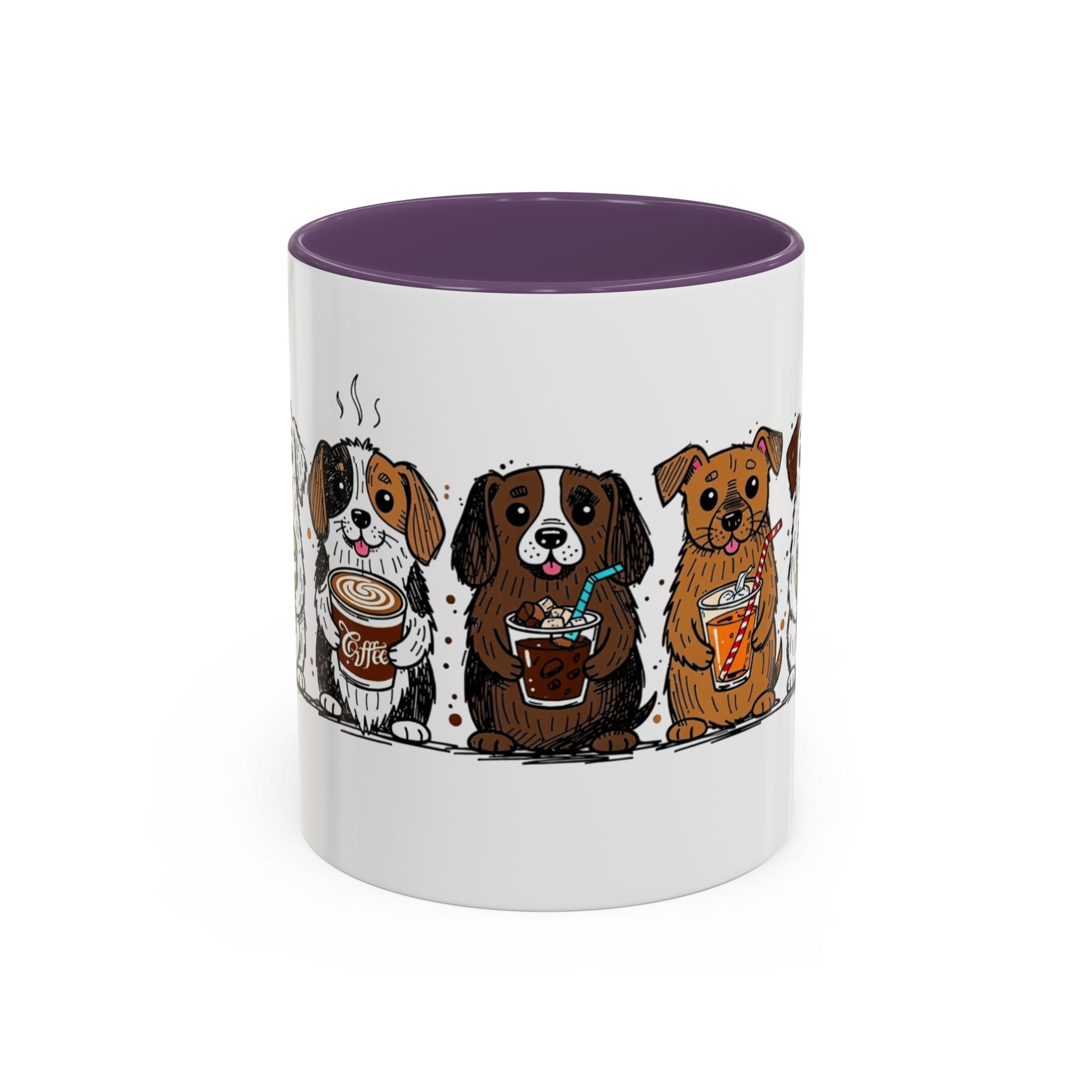 Cute Dogs Coffee Mug — Cartoon Puppies Holding Lattes (11/15oz Accent Mug)