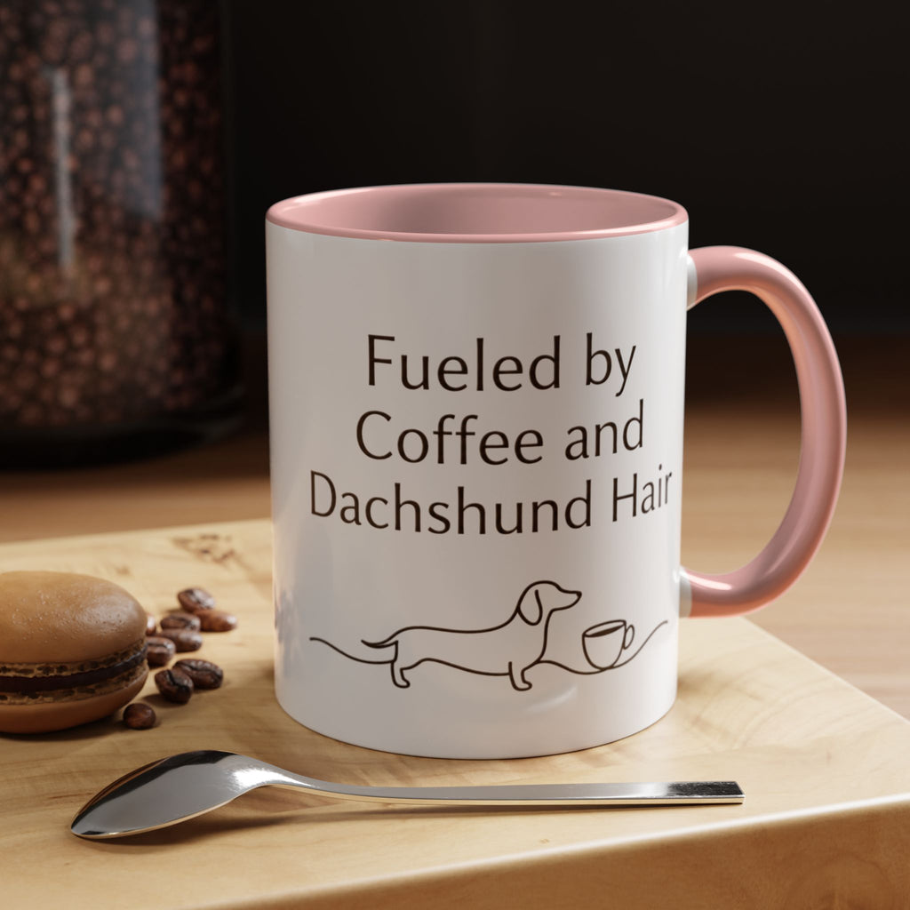 Dachshund Coffee Mug — “Fueled by Coffee and Dachshund Hair” Accent Ceramic Mug