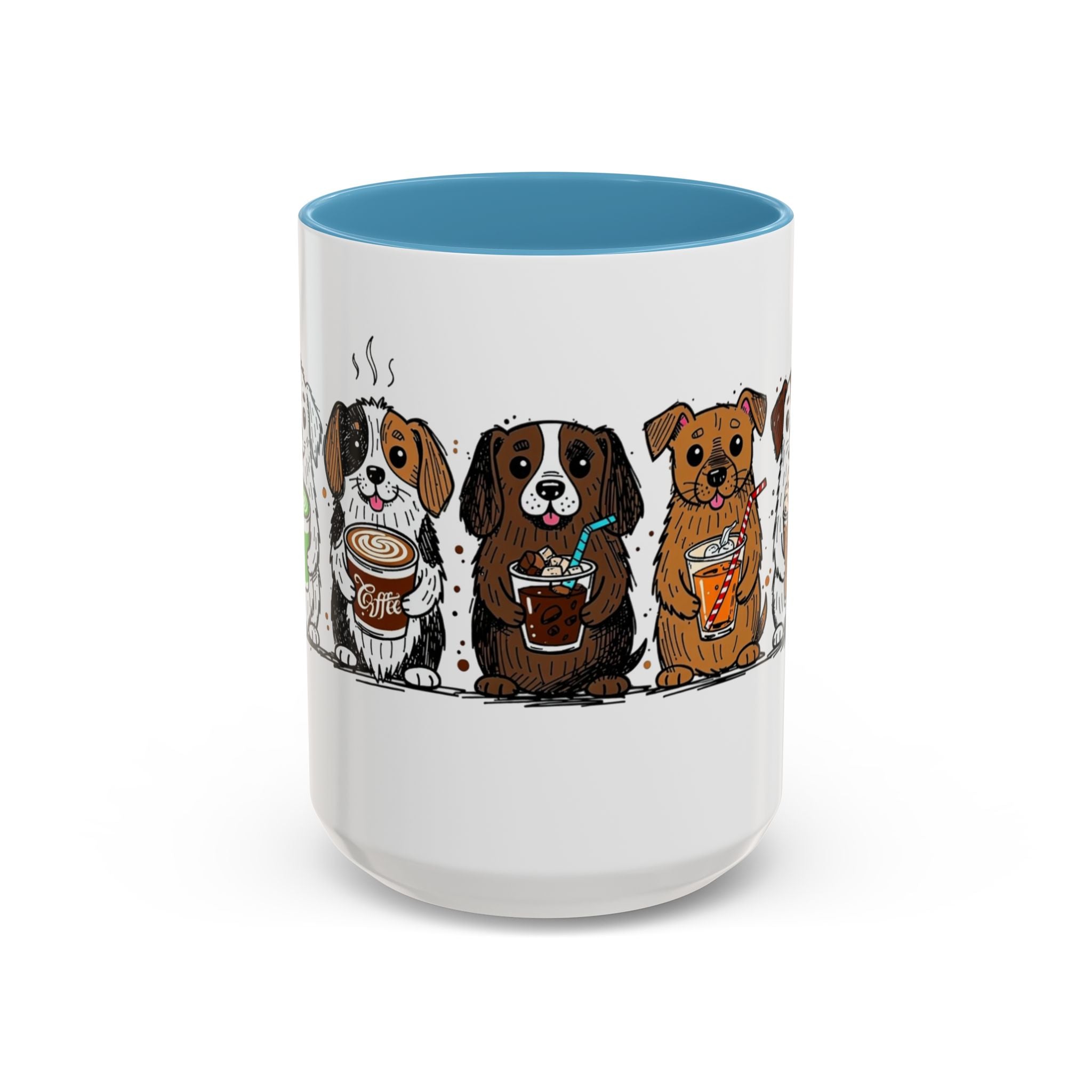 Cute Dogs Coffee Mug — Cartoon Puppies Holding Lattes (11/15oz Accent Mug)