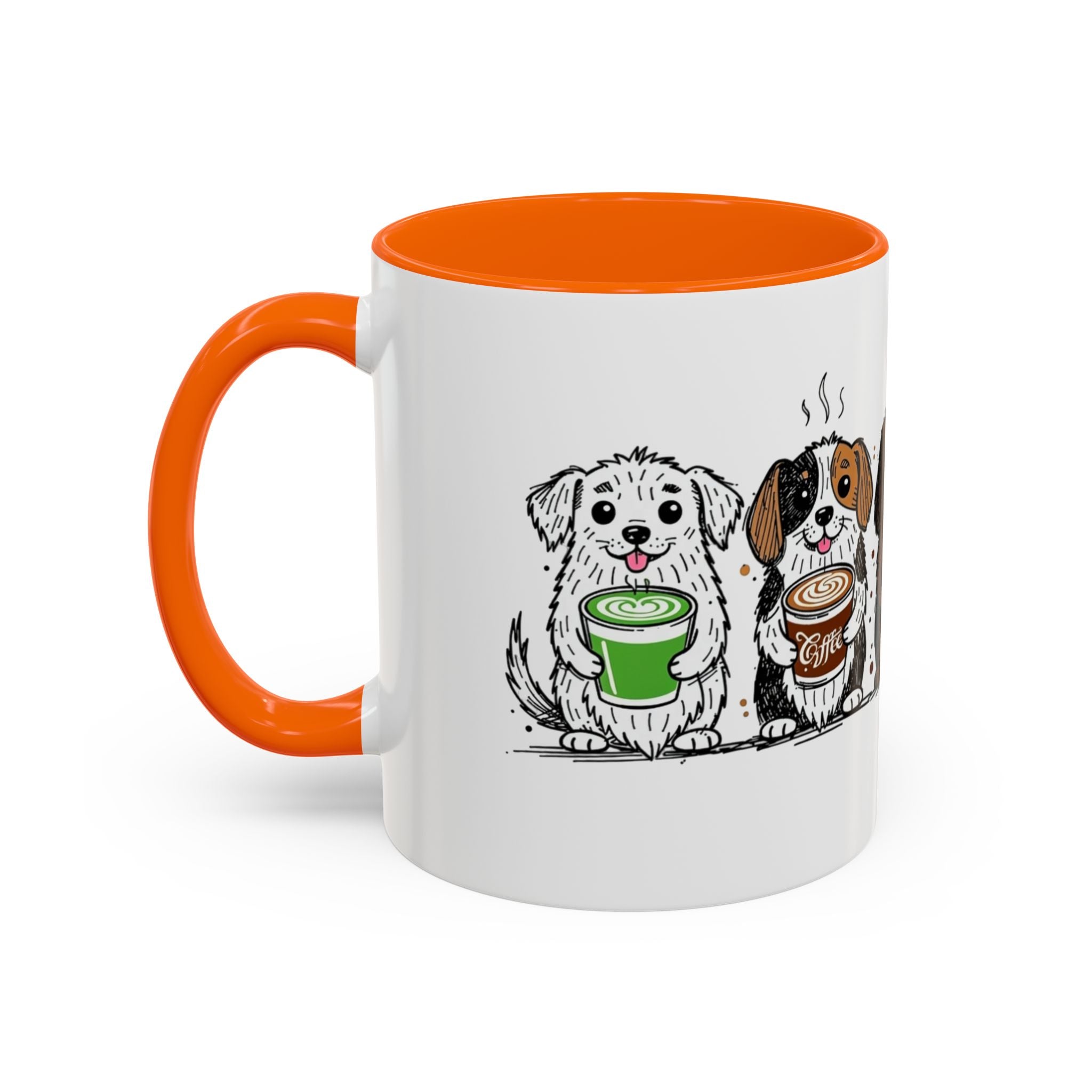 Cute Dogs Coffee Mug — Cartoon Puppies Holding Lattes (11/15oz Accent Mug)