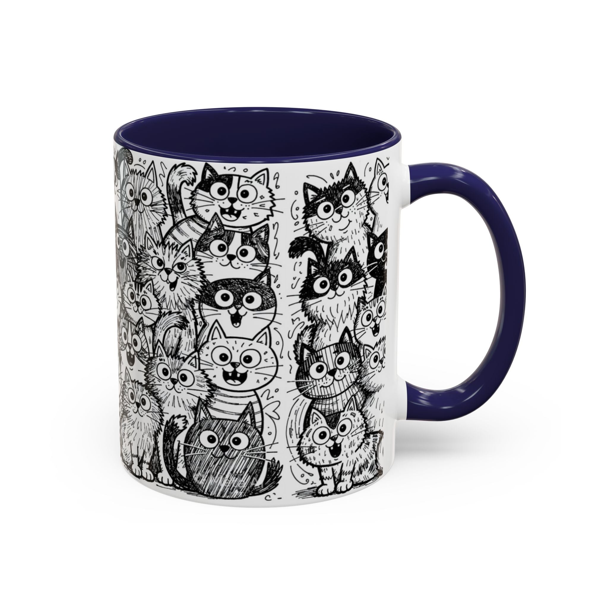 . Cat Doodle Accent Coffee Mug — Black & White Cute Cat Pattern (11/15 oz)