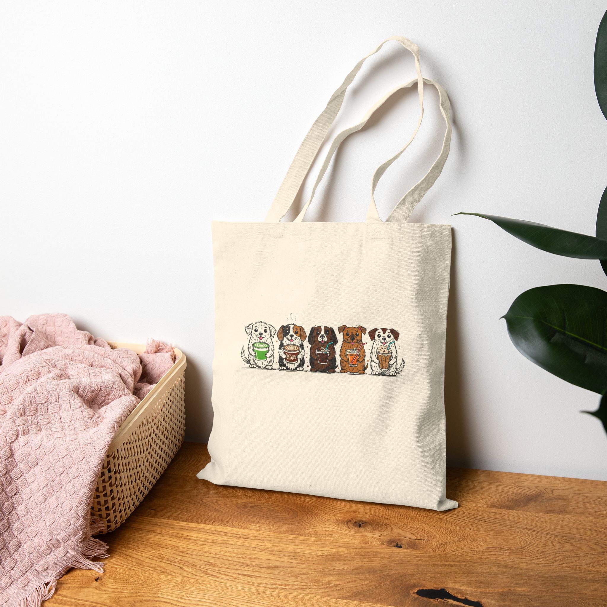 Cute Row of Dogs Cotton Tote Bag — Small Breed Puppy Illustration Canvas Shopper