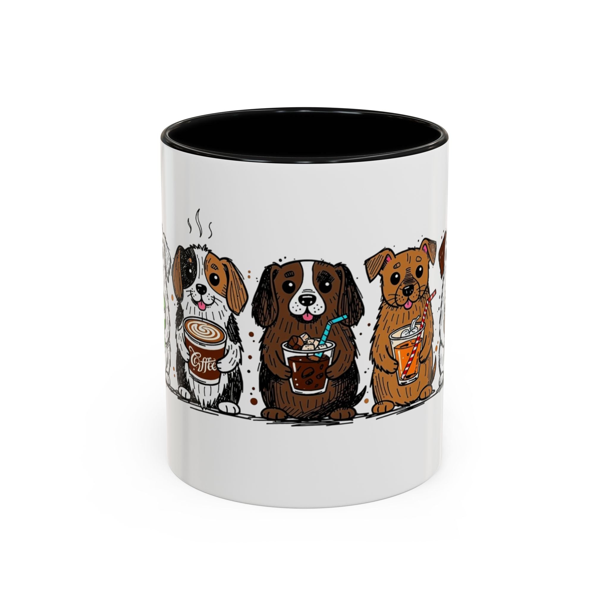 Cute Dogs Coffee Mug — Cartoon Puppies Holding Lattes (11/15oz Accent Mug)