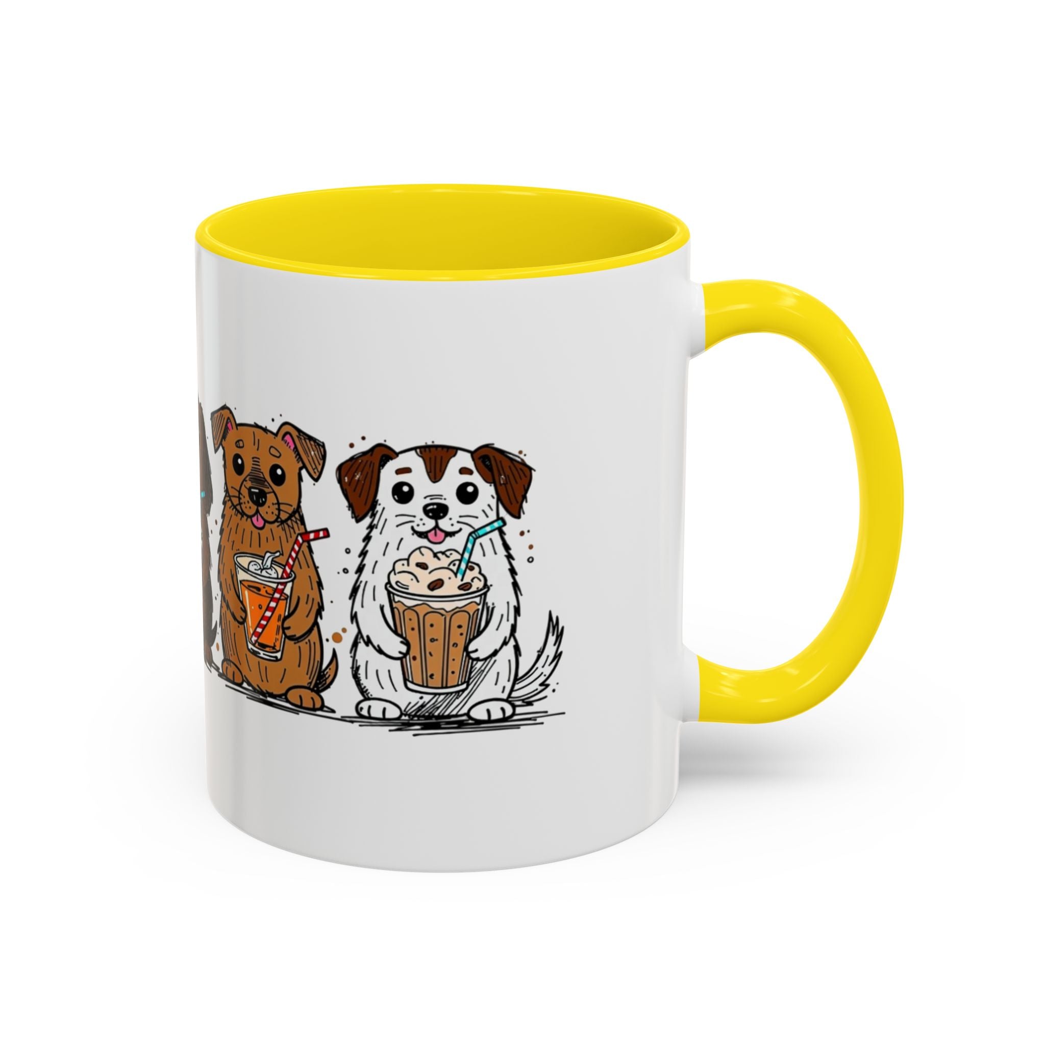 Cute Dogs Coffee Mug — Cartoon Puppies Holding Lattes (11/15oz Accent Mug)