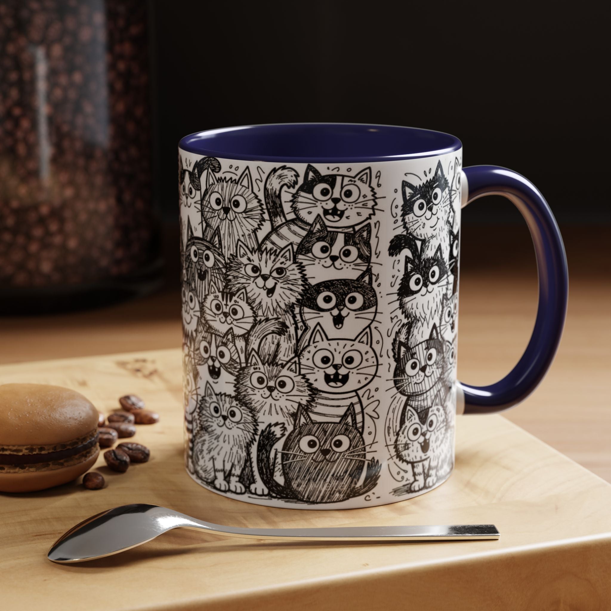 . Cat Doodle Accent Coffee Mug — Black & White Cute Cat Pattern (11/15 oz)