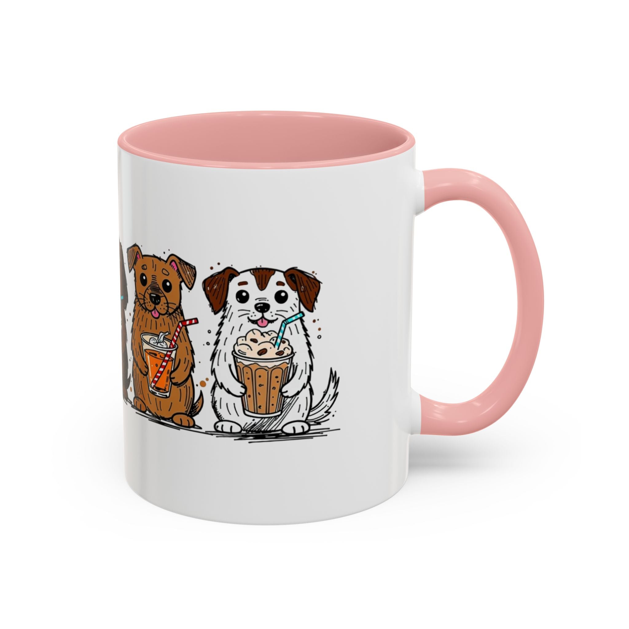 Cute Dogs Coffee Mug — Cartoon Puppies Holding Lattes (11/15oz Accent Mug)