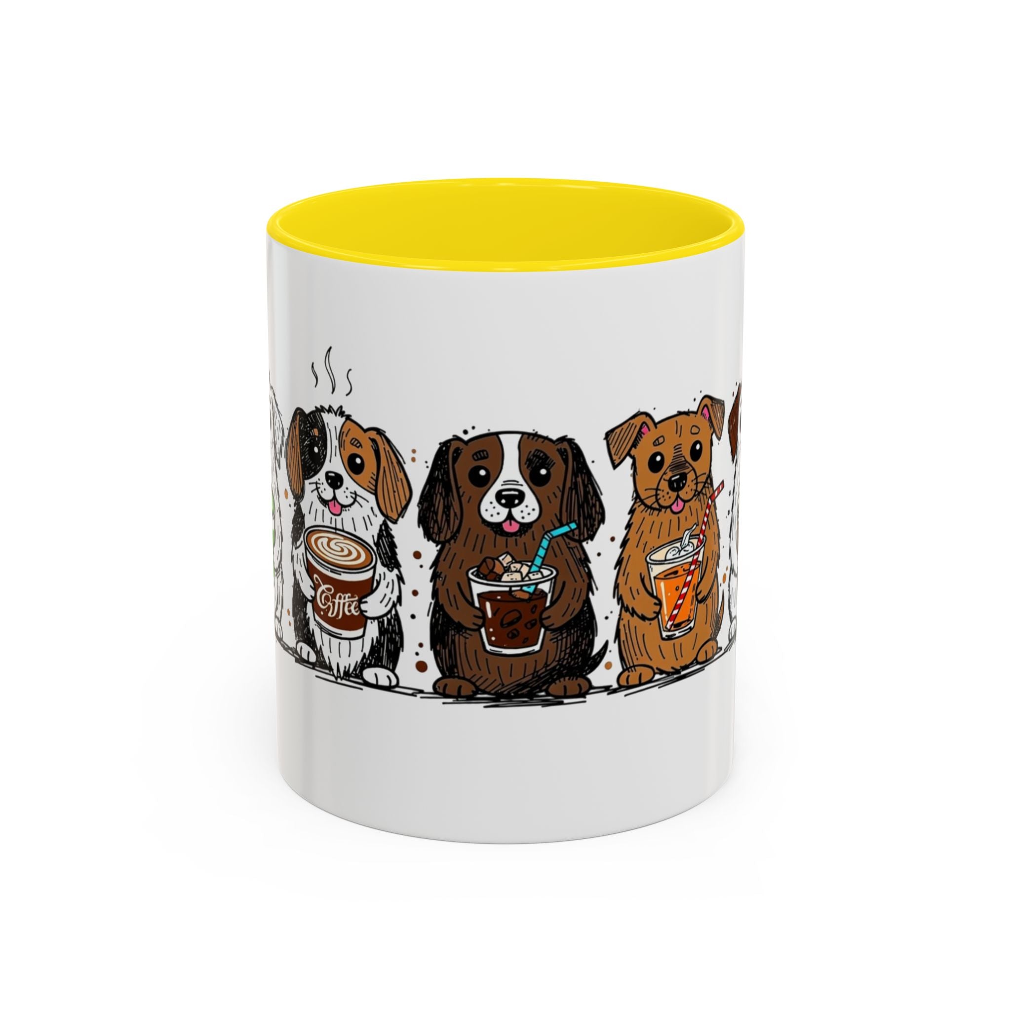 Cute Dogs Coffee Mug — Cartoon Puppies Holding Lattes (11/15oz Accent Mug)