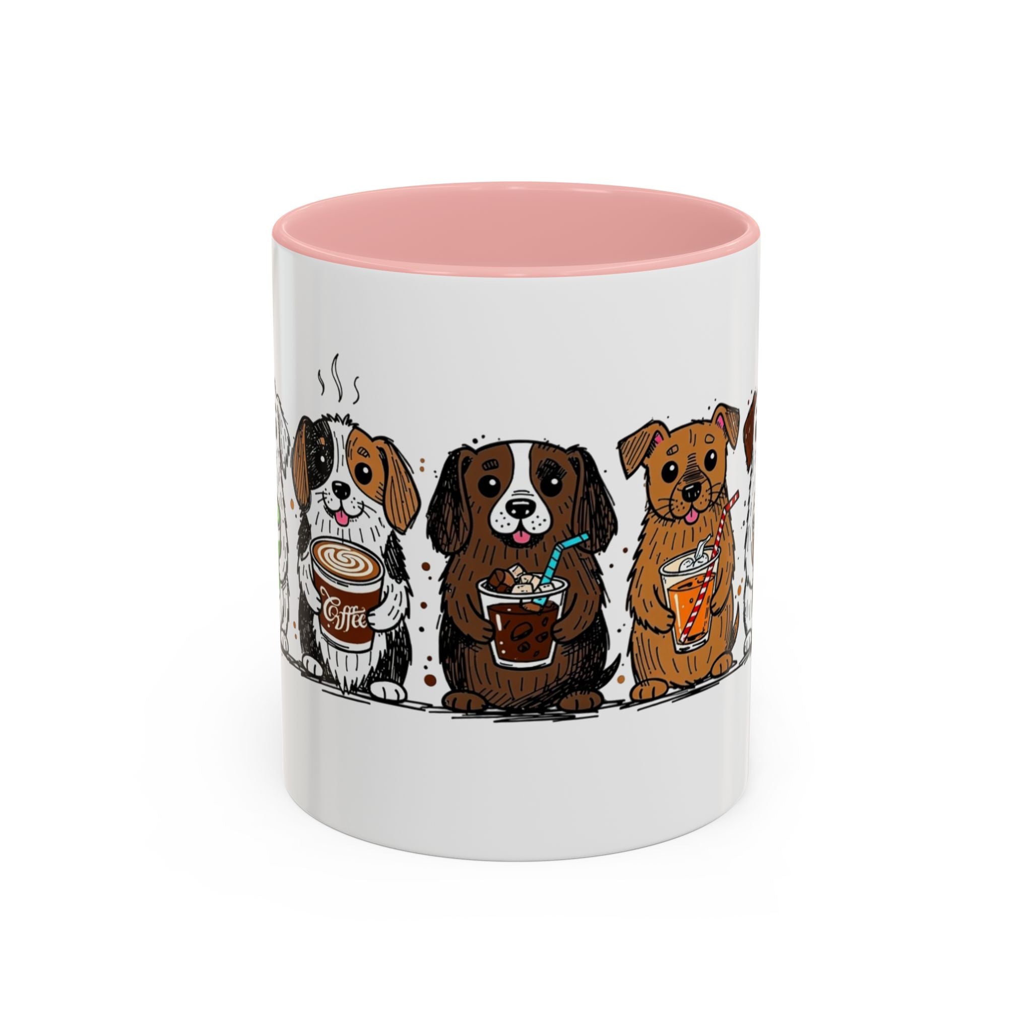 Cute Dogs Coffee Mug — Cartoon Puppies Holding Lattes (11/15oz Accent Mug)