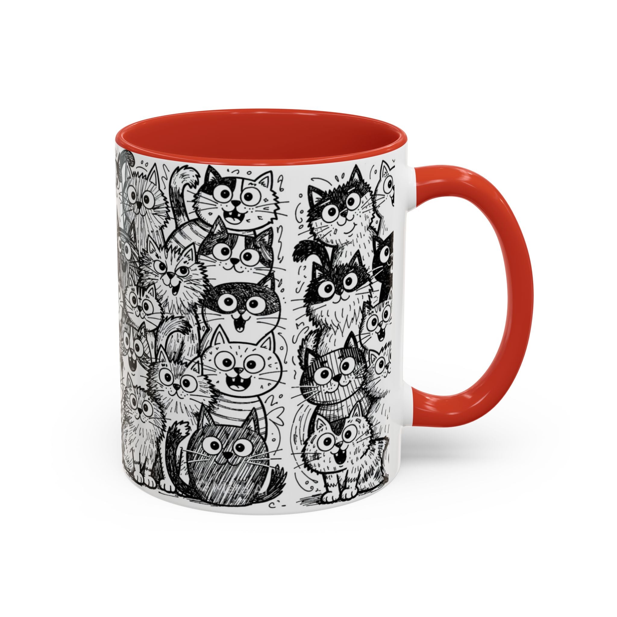 . Cat Doodle Accent Coffee Mug — Black & White Cute Cat Pattern (11/15 oz)