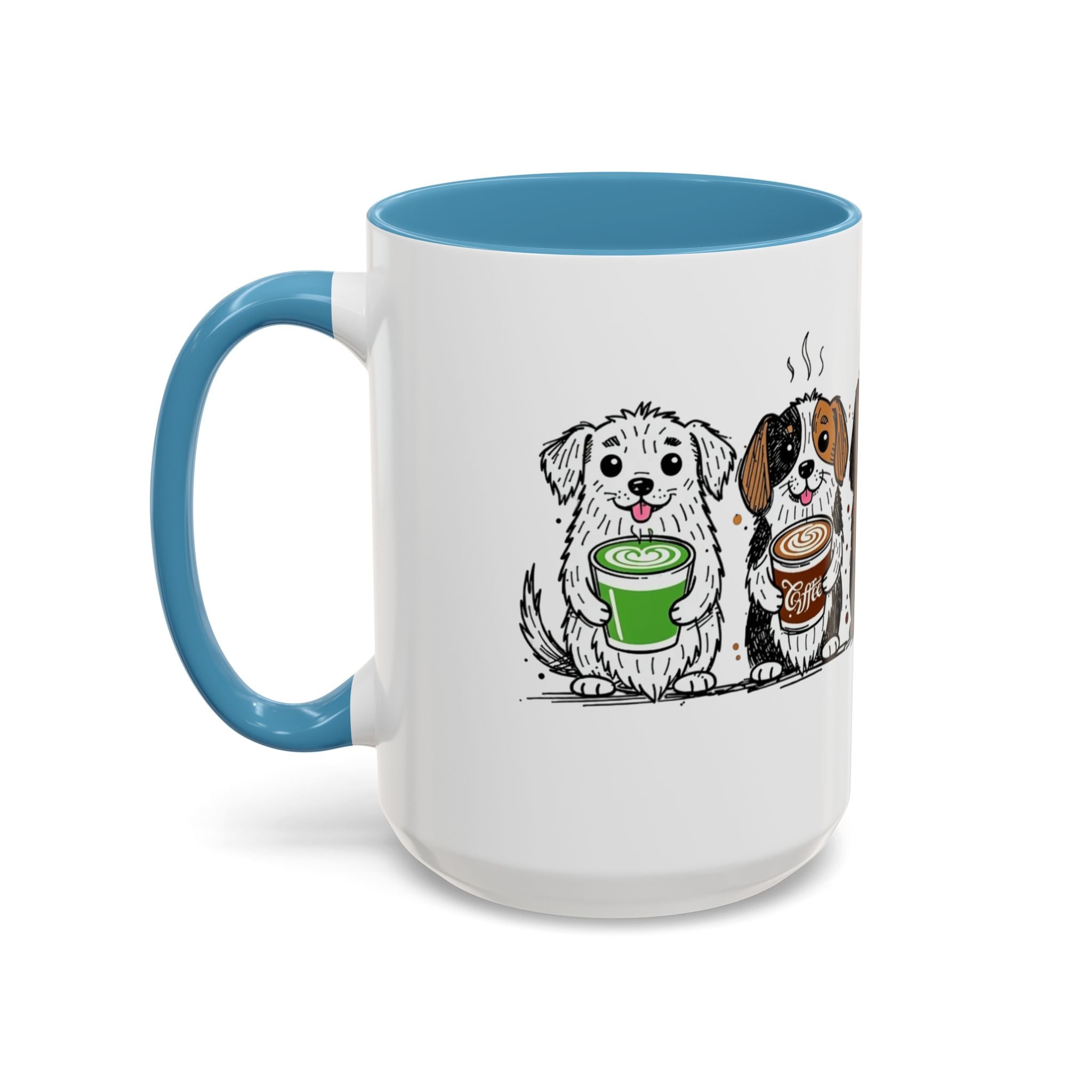 Cute Dogs Coffee Mug — Cartoon Puppies Holding Lattes (11/15oz Accent Mug)