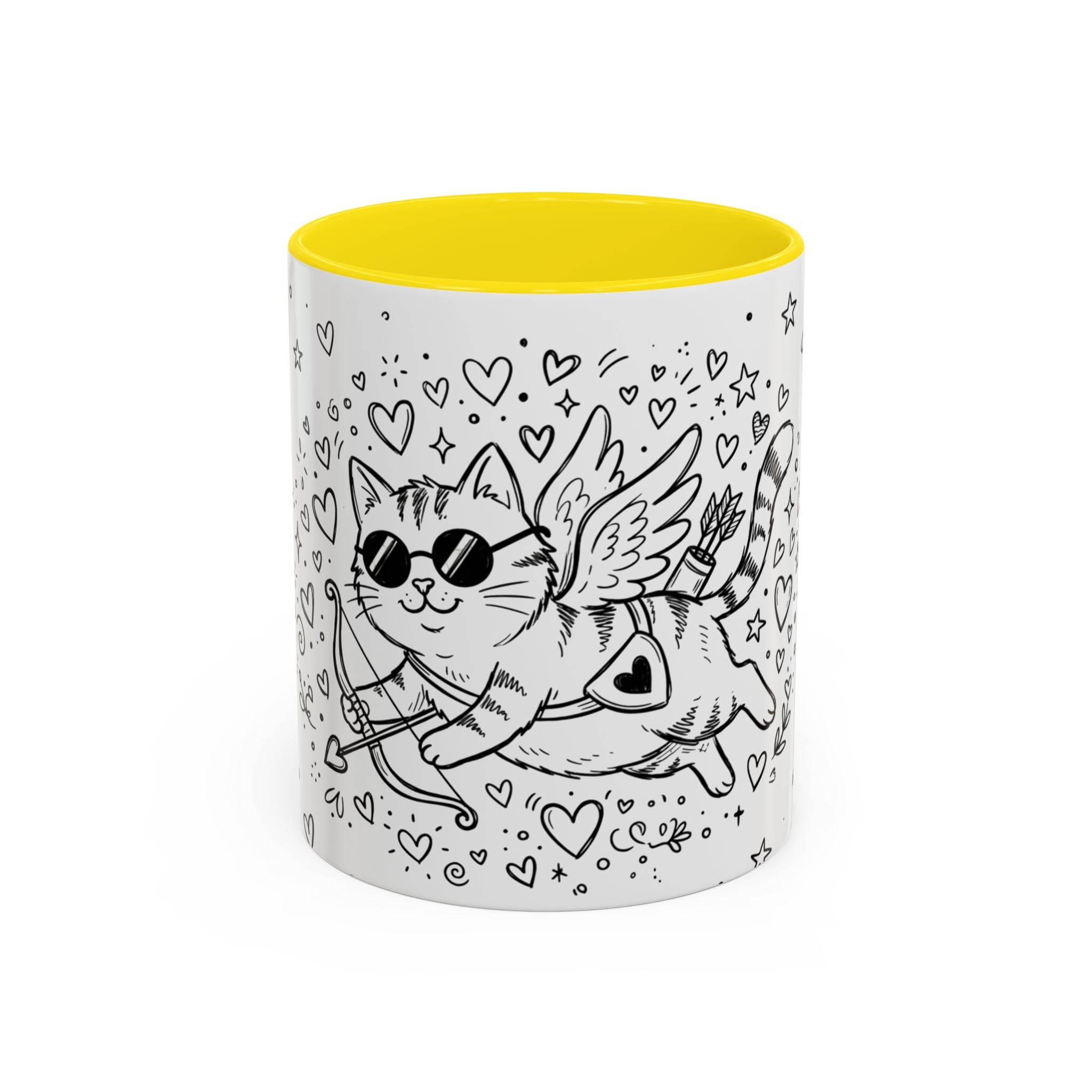 Winged Cupid Cat Coffee Mug — Cute Valentine Kitty Accent Mug (11/15 oz)