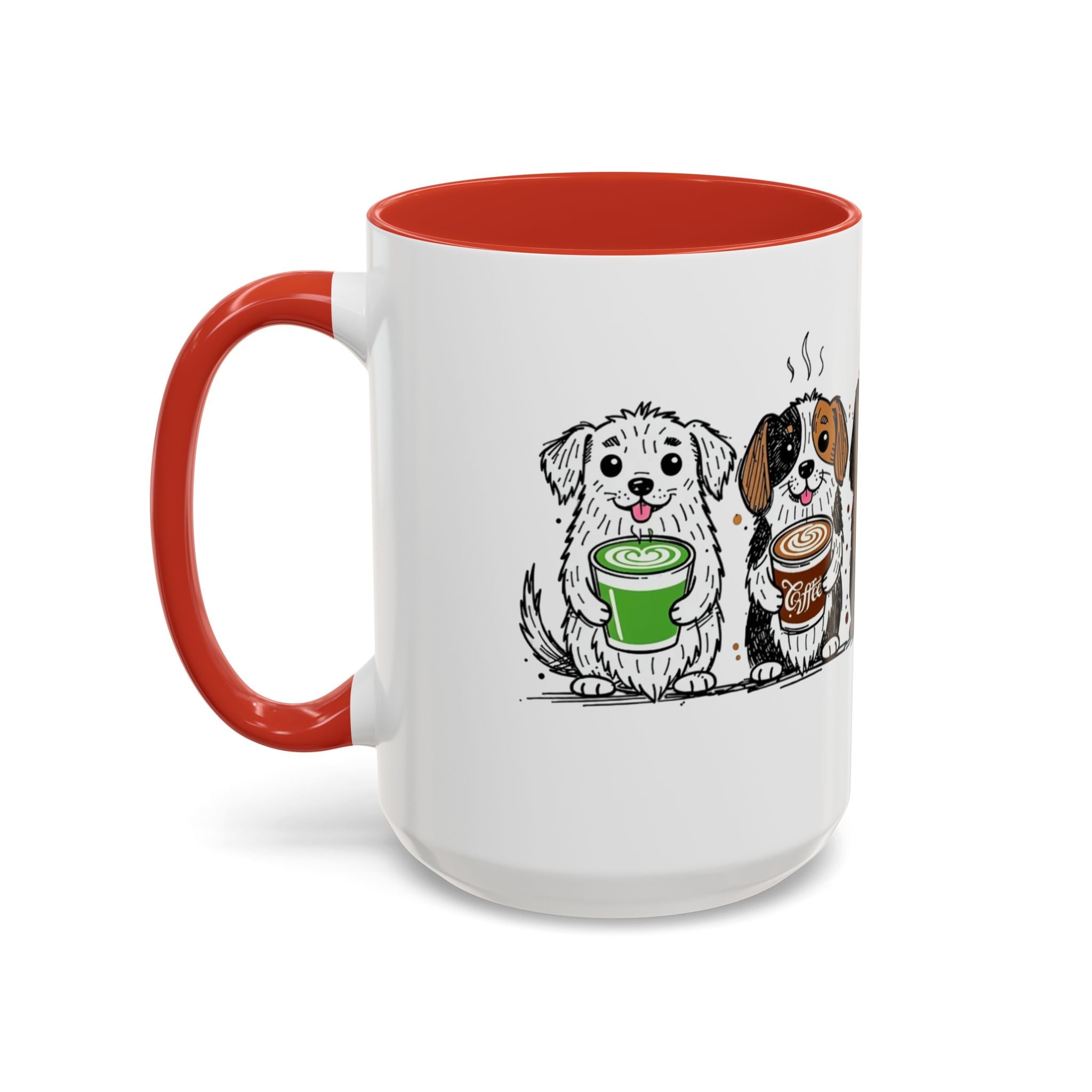 Cute Dogs Coffee Mug — Cartoon Puppies Holding Lattes (11/15oz Accent Mug)
