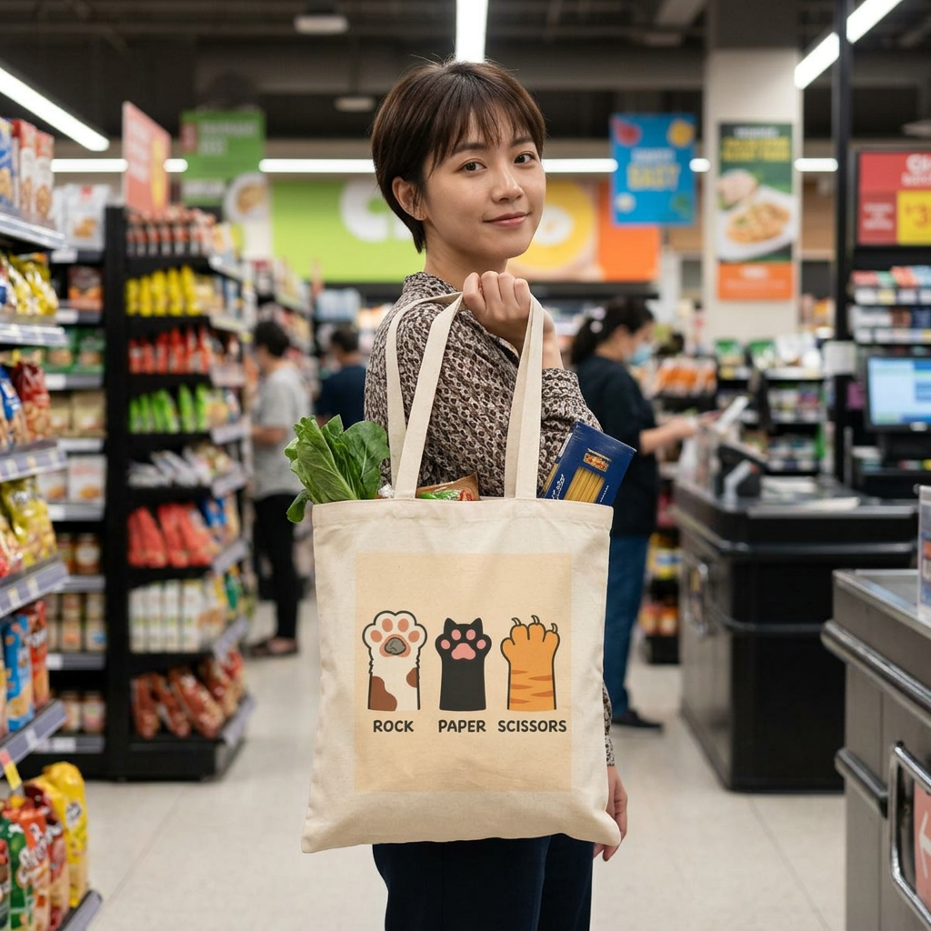 Cat Rock Paper Scissors Cotton Canvas Tote Bag
