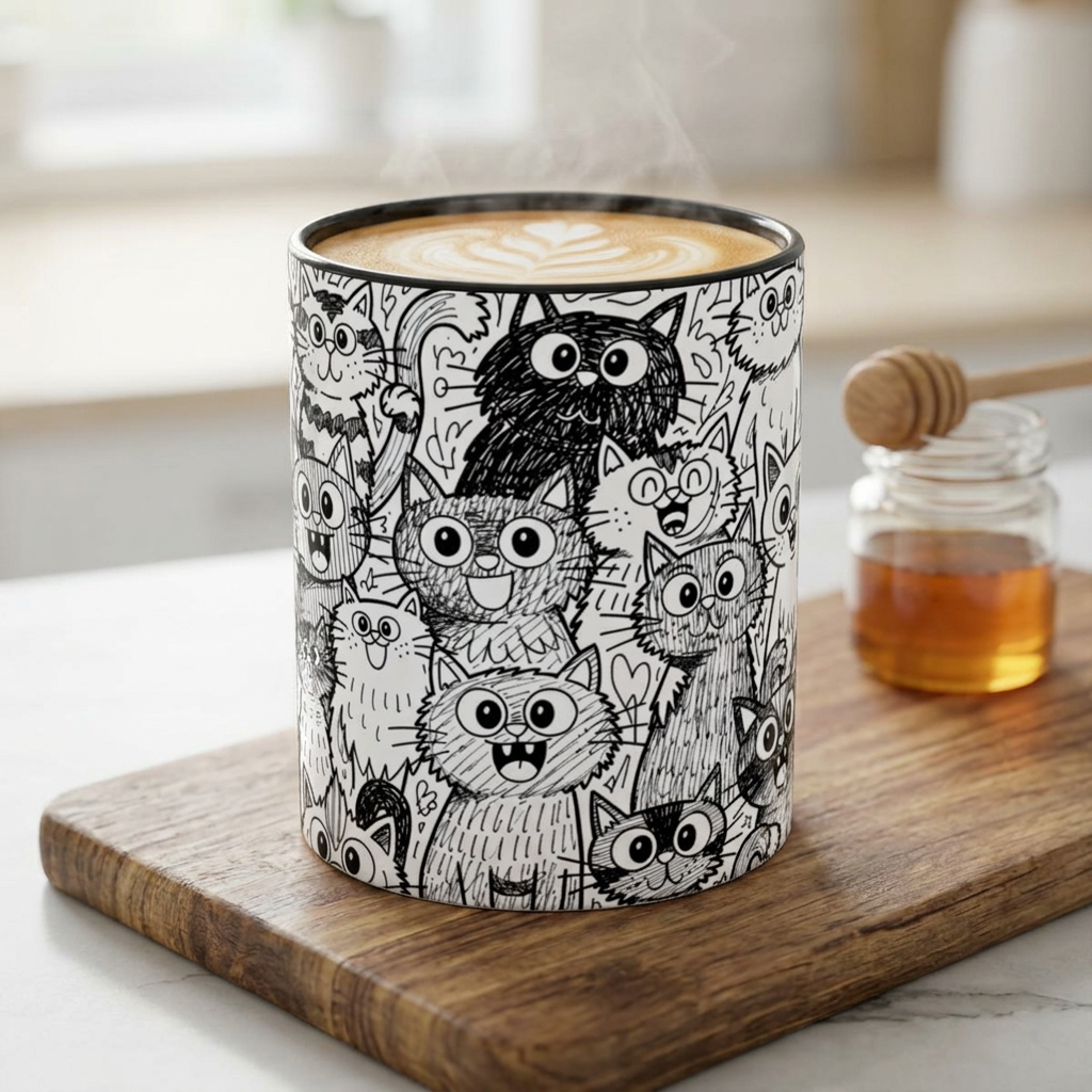 . Cat Doodle Accent Coffee Mug — Black & White Cute Cat Pattern (11/15 oz)
