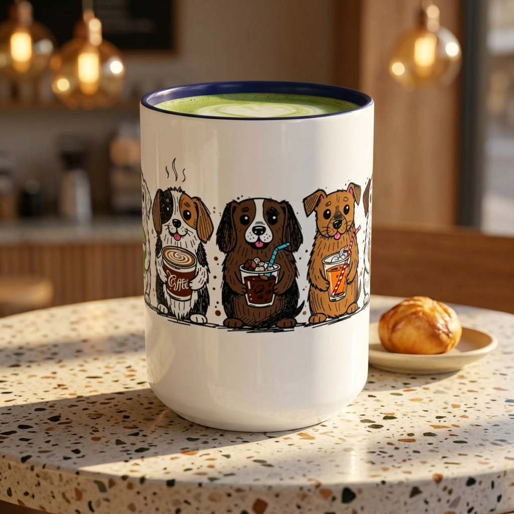 Cute Dogs Coffee Mug — Cartoon Puppies Holding Lattes (11/15oz Accent Mug)
