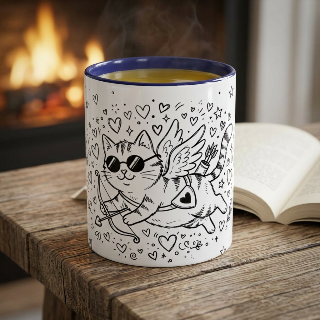 Winged Cupid Cat Coffee Mug — Cute Valentine Kitty Accent Mug (11/15 oz)