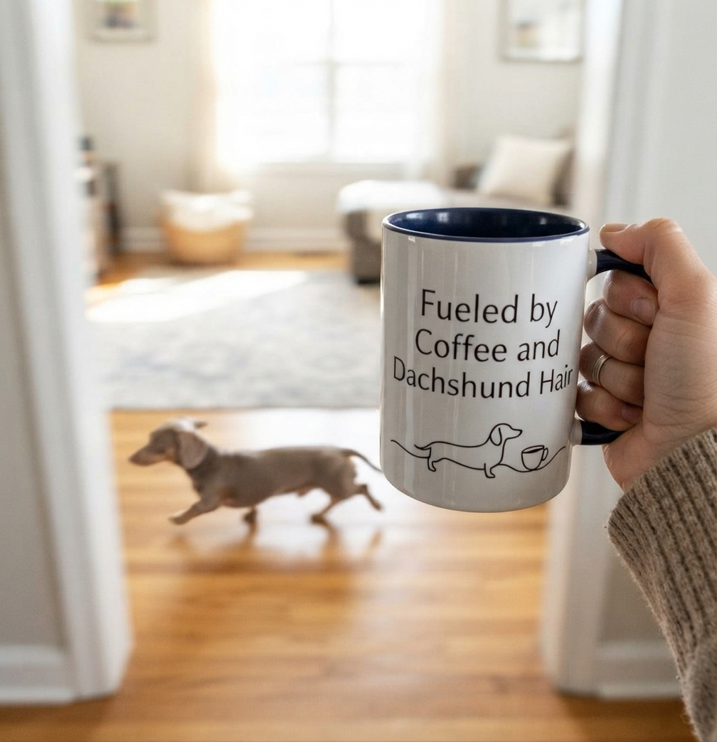 Dachshund Coffee Mug — “Fueled by Coffee and Dachshund Hair” Accent Ceramic Mug