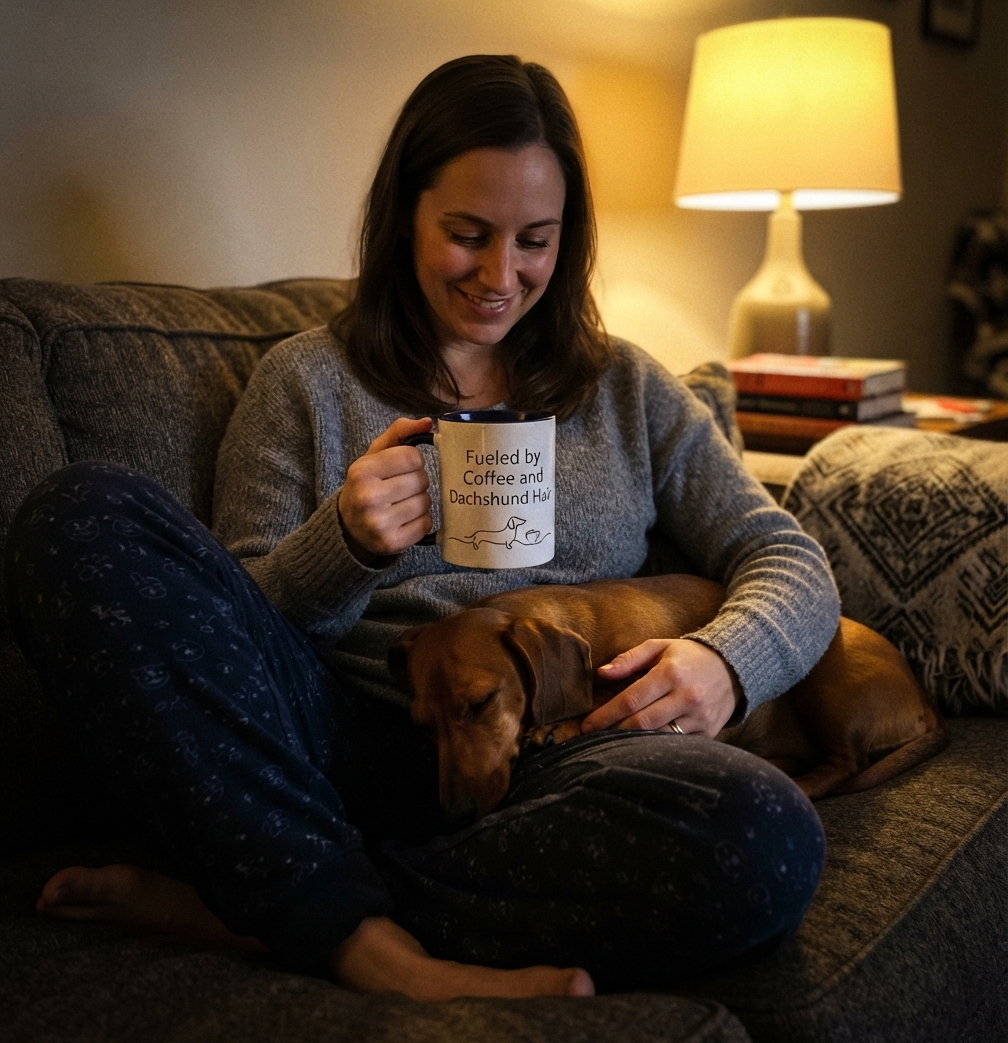 Dachshund Coffee Mug — “Fueled by Coffee and Dachshund Hair” Accent Ceramic Mug