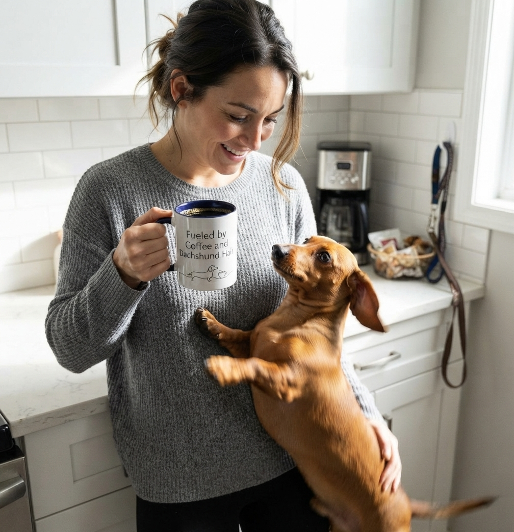 Dachshund Coffee Mug — “Fueled by Coffee and Dachshund Hair” Accent Ceramic Mug