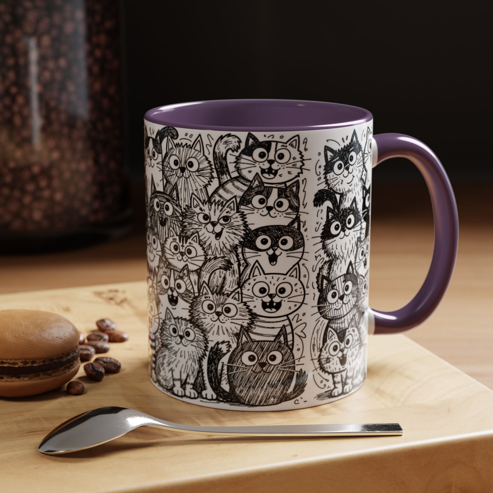 . Cat Doodle Accent Coffee Mug — Black & White Cute Cat Pattern (11/15 oz)