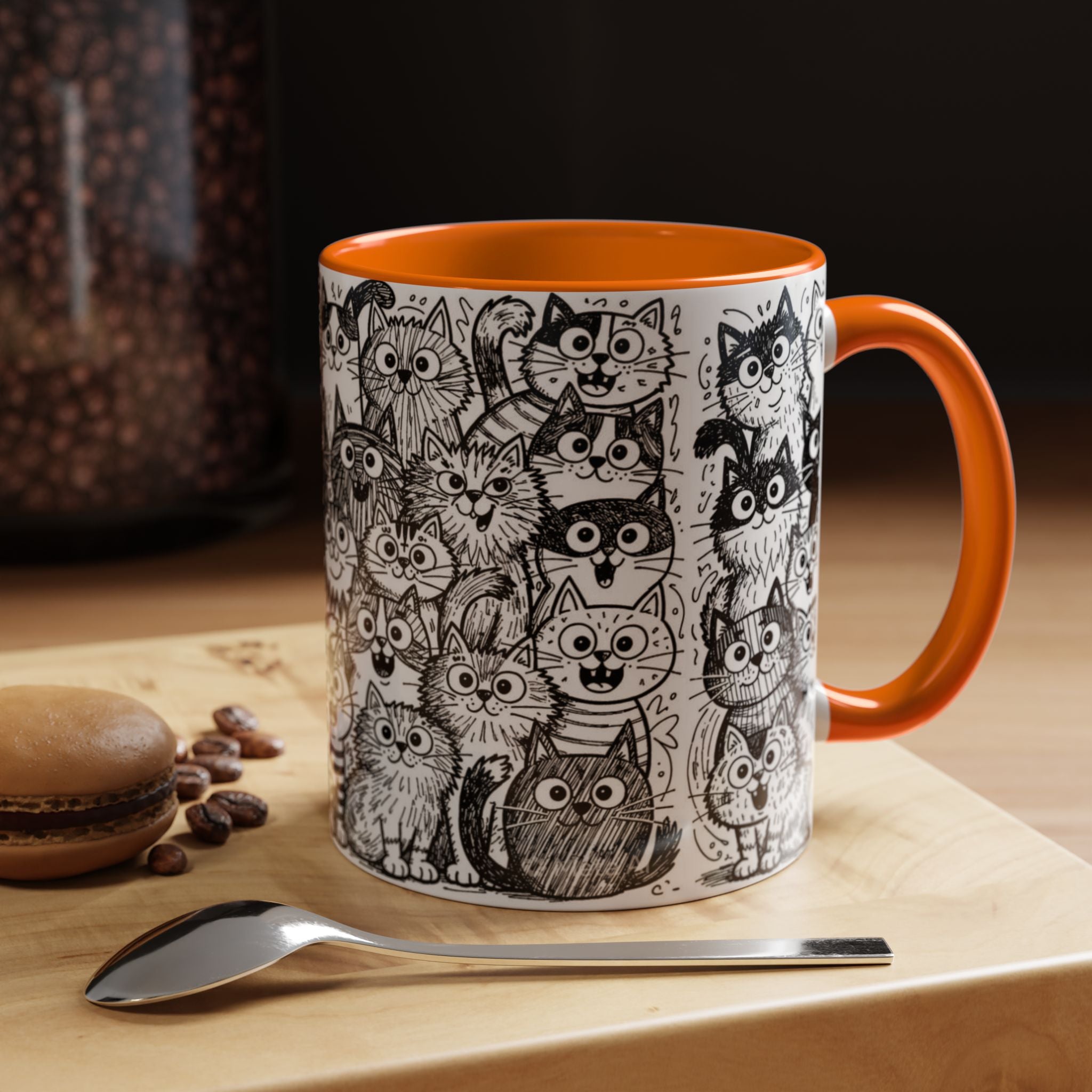 . Cat Doodle Accent Coffee Mug — Black & White Cute Cat Pattern (11/15 oz)