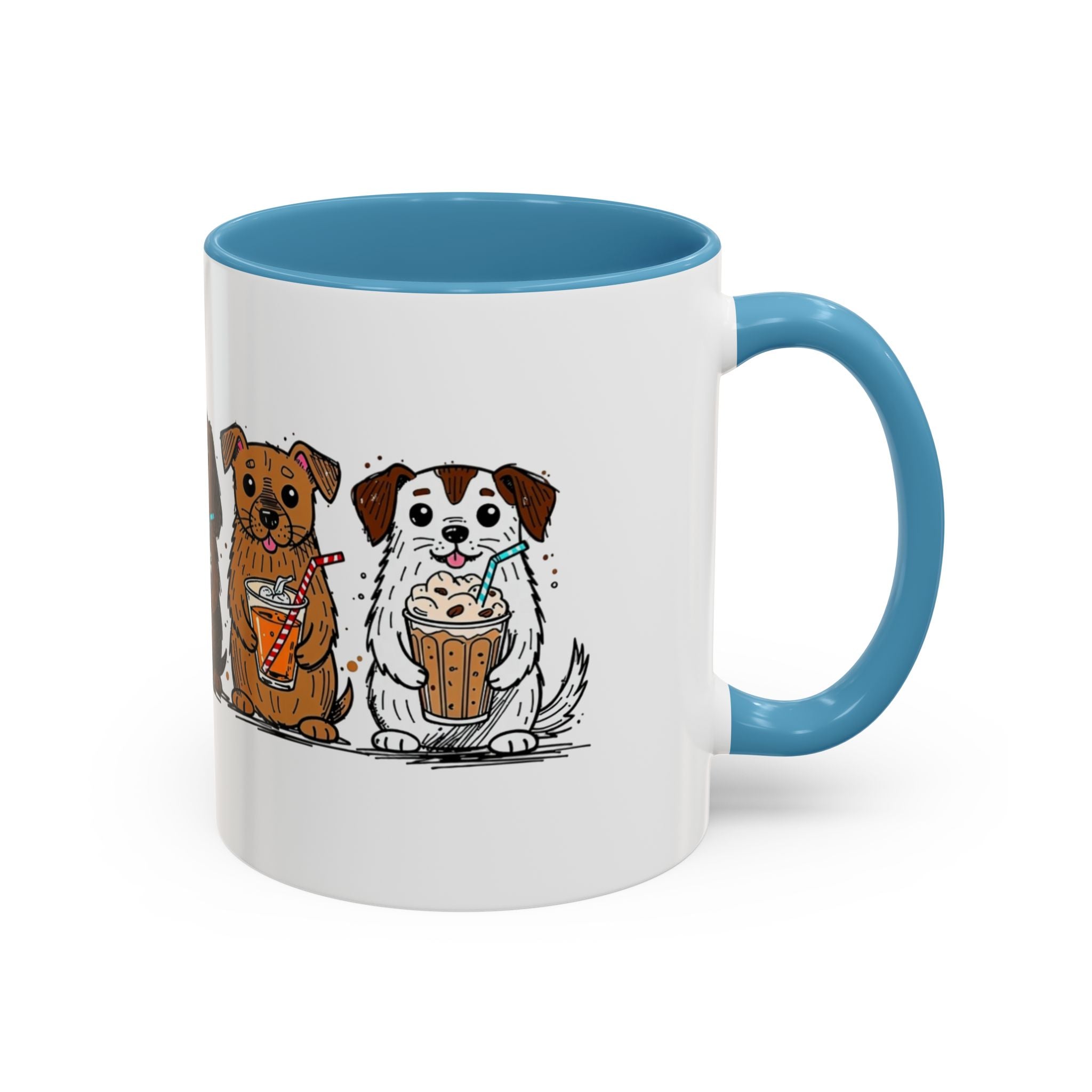 Cute Dogs Coffee Mug — Cartoon Puppies Holding Lattes (11/15oz Accent Mug)