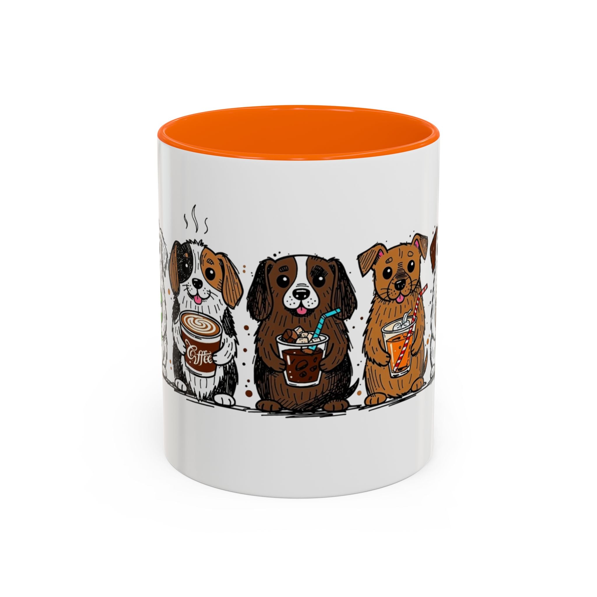 Cute Dogs Coffee Mug — Cartoon Puppies Holding Lattes (11/15oz Accent Mug)