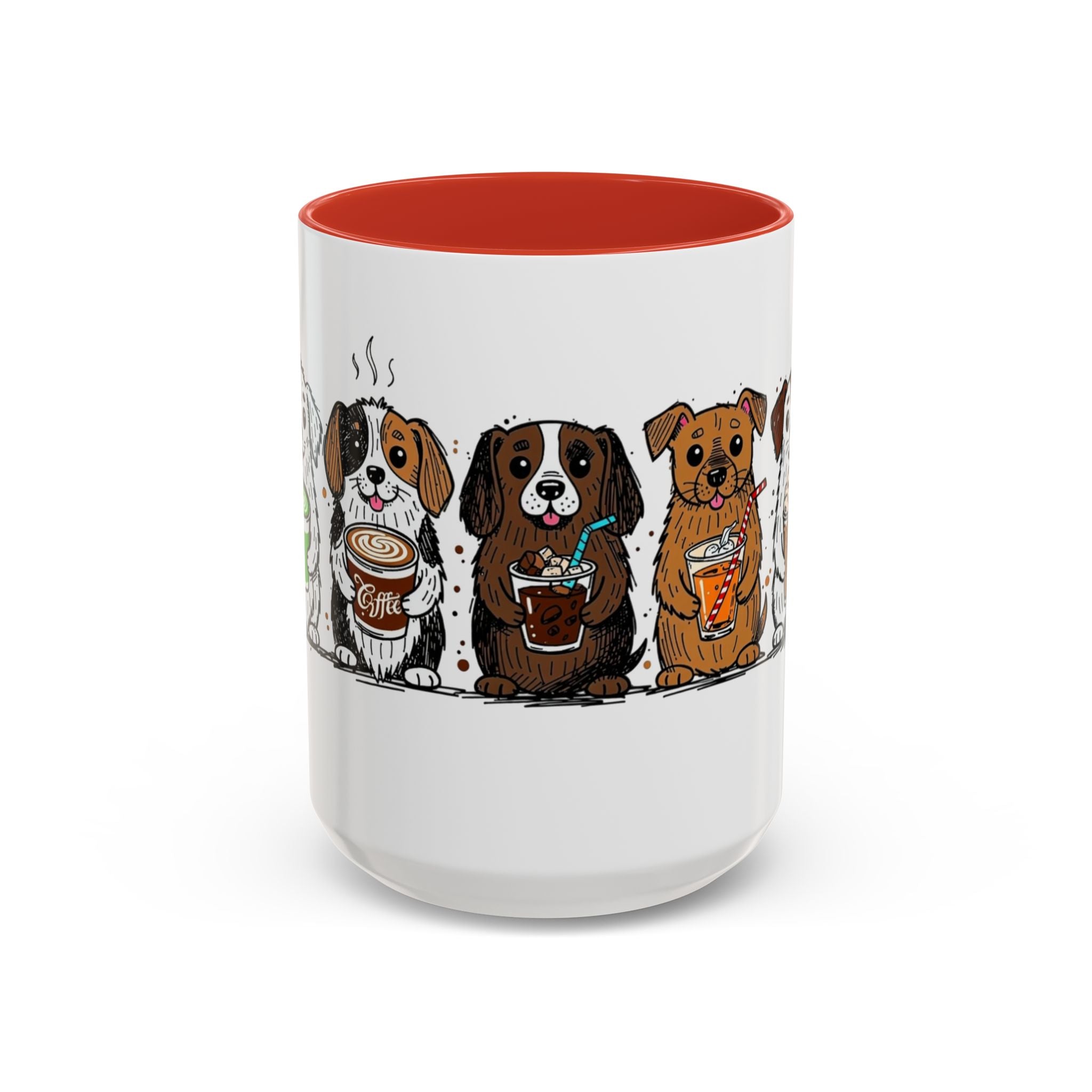 Cute Dogs Coffee Mug — Cartoon Puppies Holding Lattes (11/15oz Accent Mug)