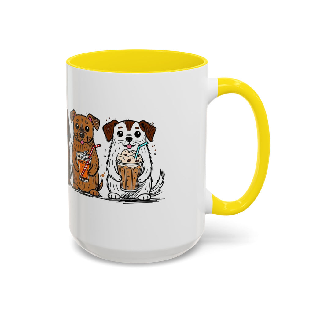 Cute Dogs Coffee Mug — Cartoon Puppies Holding Lattes (11/15oz Accent Mug)