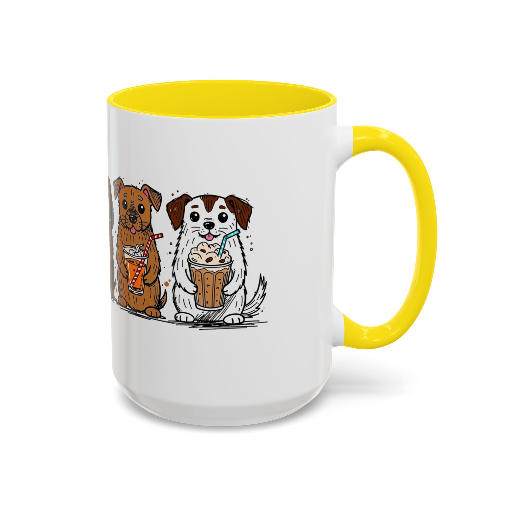 Cute Dogs Coffee Mug — Cartoon Puppies Holding Lattes (11/15oz Accent Mug)